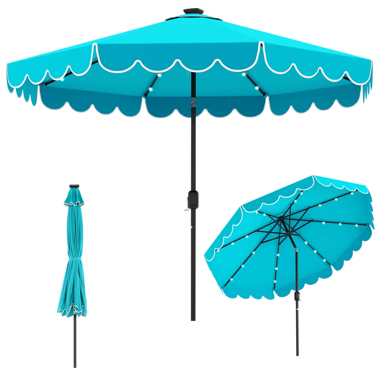 Costway 10 FT Solar Patio Umbrella with 24 LED Lights 8 Ribs & Tilt Adjustment Coffee/Turquoise/Red/Gray/Beige