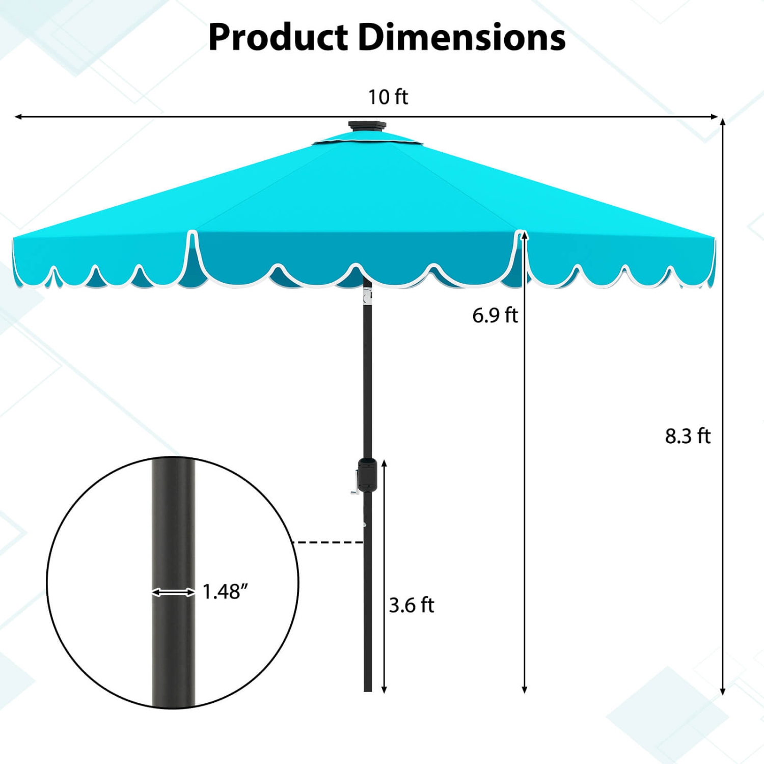 Costway 10 FT Solar Patio Umbrella with 24 LED Lights 8 Ribs & Tilt Adjustment Coffee/Turquoise/Red/Gray/Beige