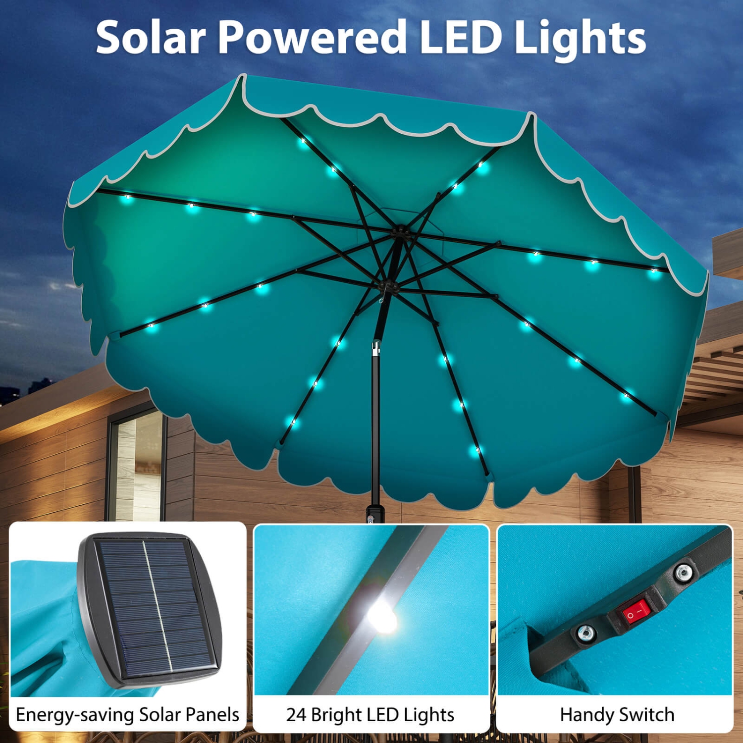 Costway 10 FT Solar Patio Umbrella with 24 LED Lights 8 Ribs & Tilt Adjustment Coffee/Turquoise/Red/Gray/Beige