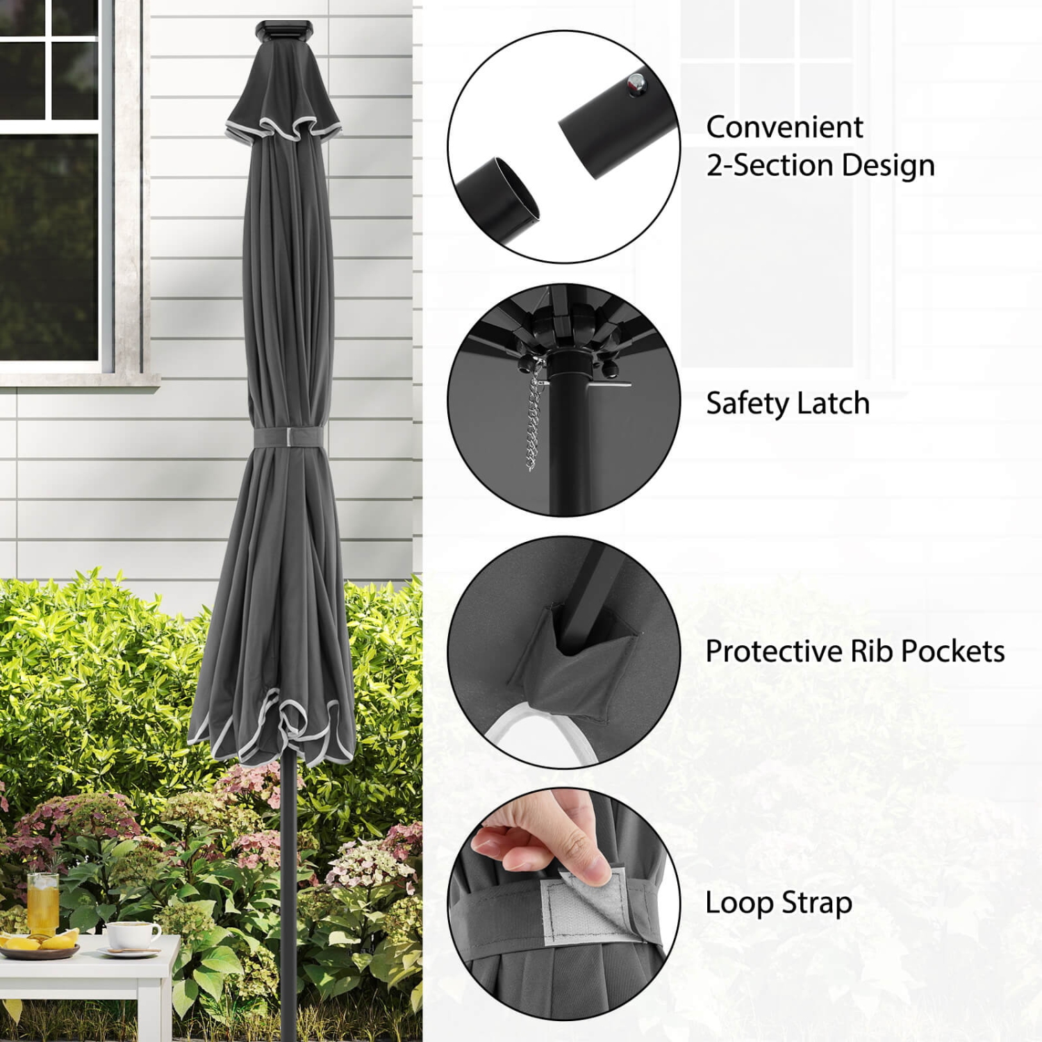 Costway 10 FT Solar Patio Umbrella with 24 LED Lights 8 Ribs & Tilt Adjustment Coffee/Turquoise/Red/Gray/Beige