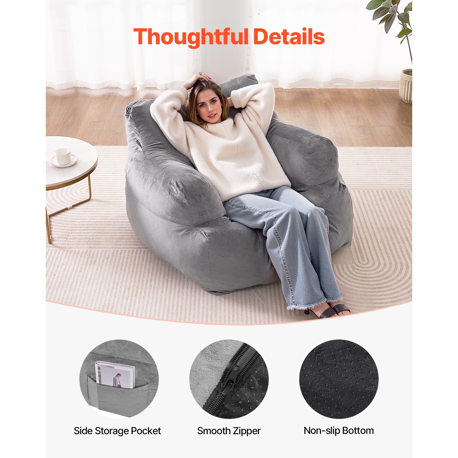 VEVOR Bean Bag Chair, BeanBag Sofa Chair with Armrests for Adults, Fluffy Plush & High-Density Foam Filling Adult Bean Bag with Zapper, Comfy Lazy