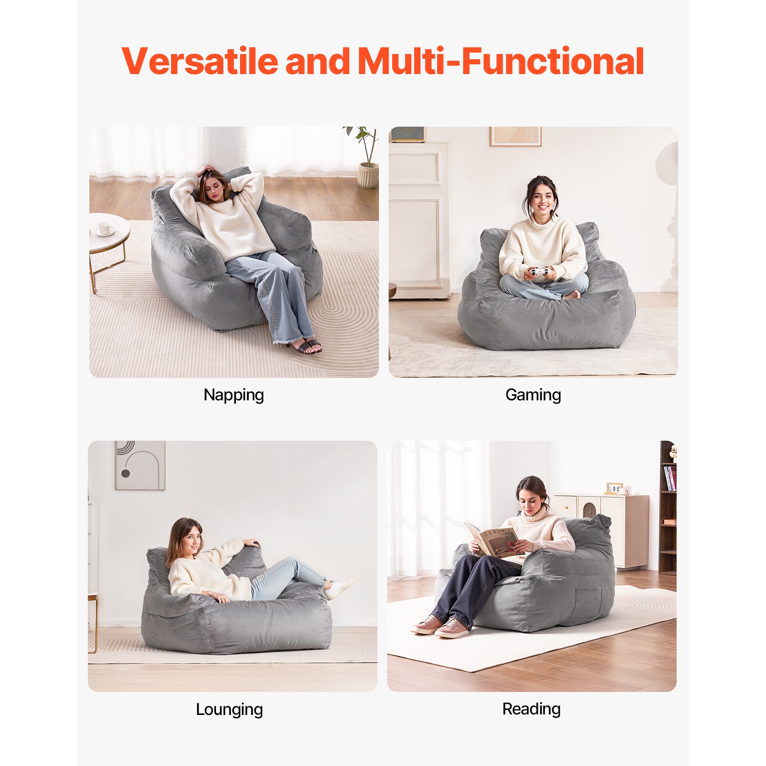 VEVOR Bean Bag Chair, BeanBag Sofa Chair with Armrests for Adults, Fluffy Plush & High-Density Foam Filling Adult Bean Bag with Zapper, Comfy Lazy