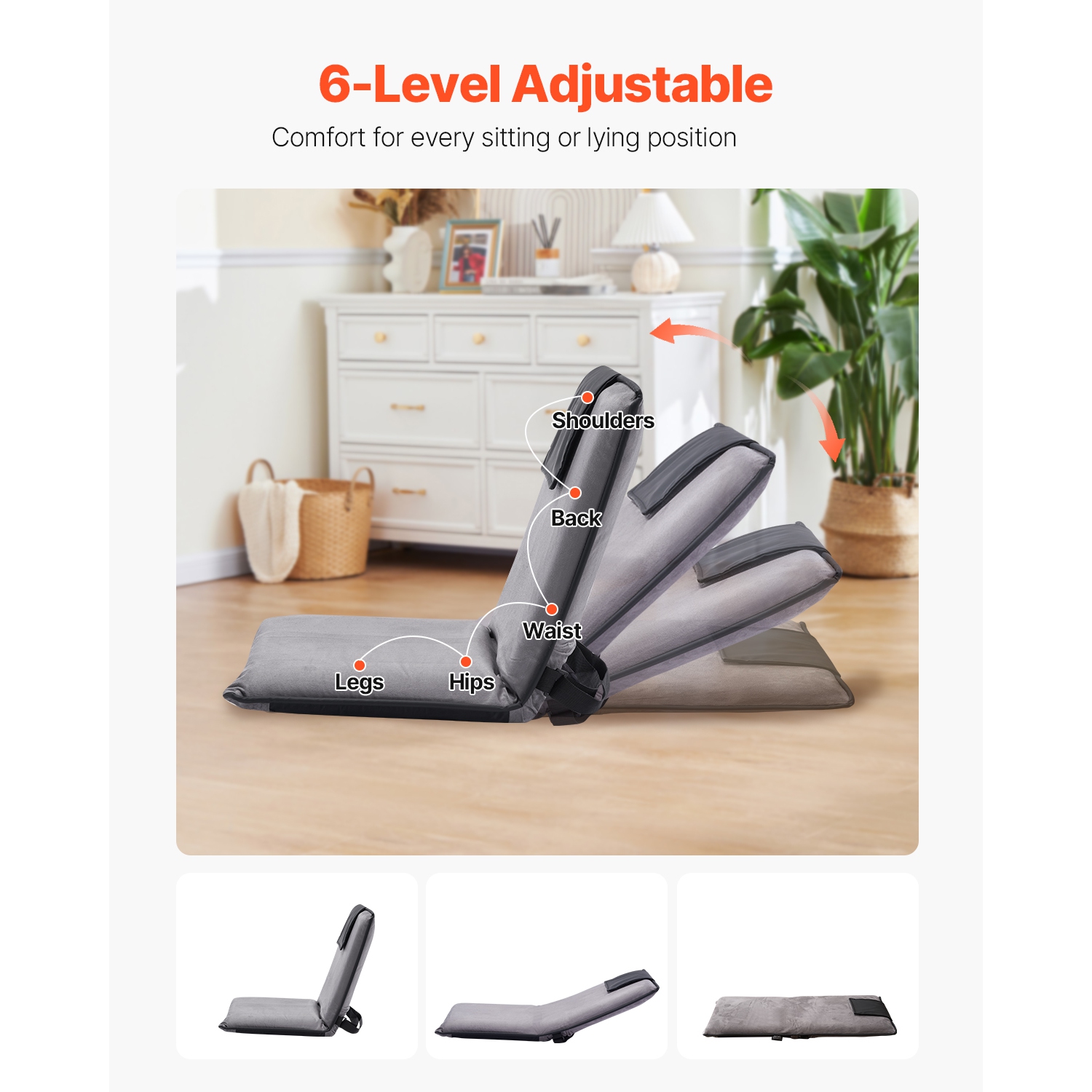 VEVOR 6-Position Adjustable Floor Chair, Meditation Chair with Back Support, Folding Sofa Chair for Reading TV Watching and Gaming, Portable Floor