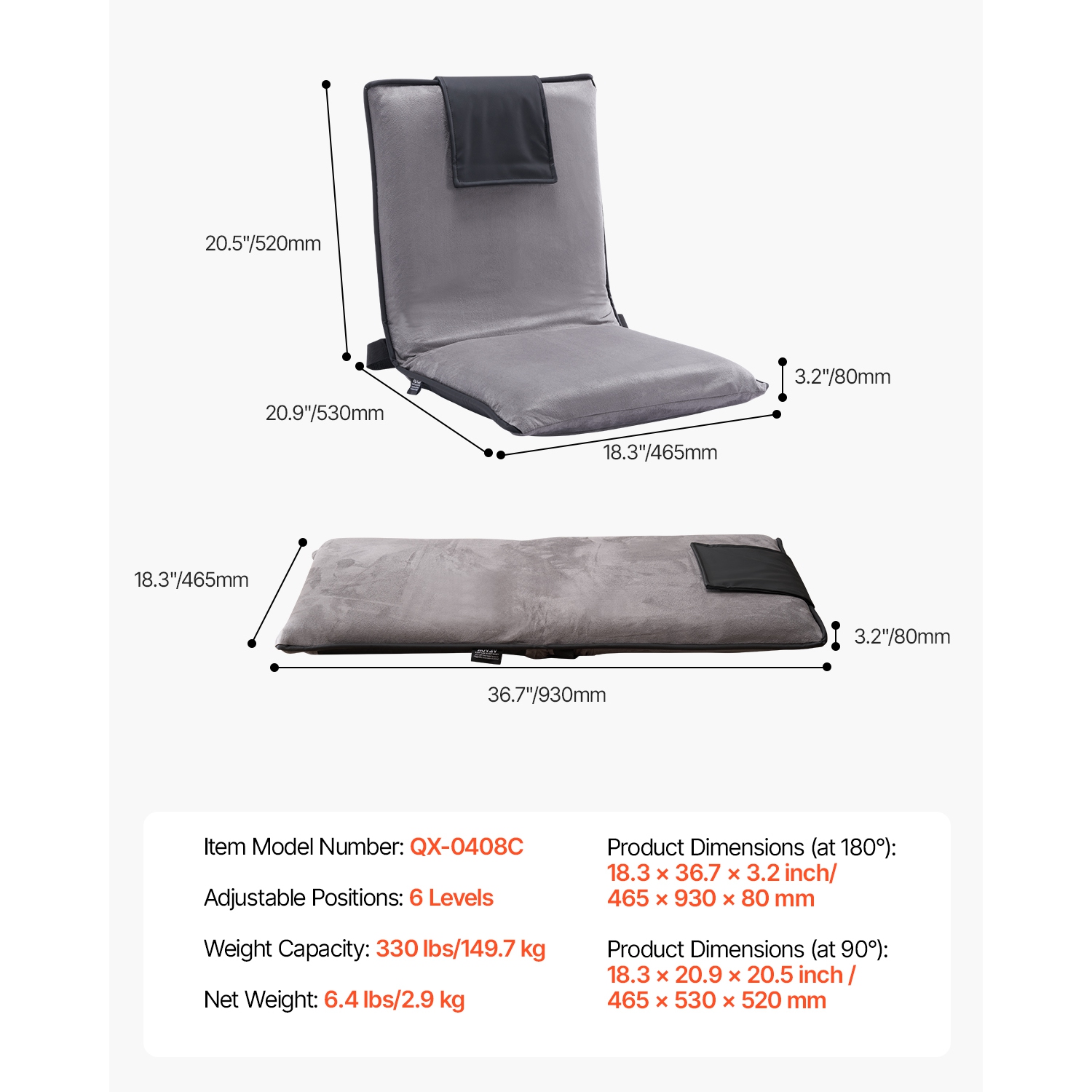 VEVOR 6-Position Adjustable Floor Chair, Meditation Chair with Back Support, Folding Sofa Chair for Reading TV Watching and Gaming, Portable Floor