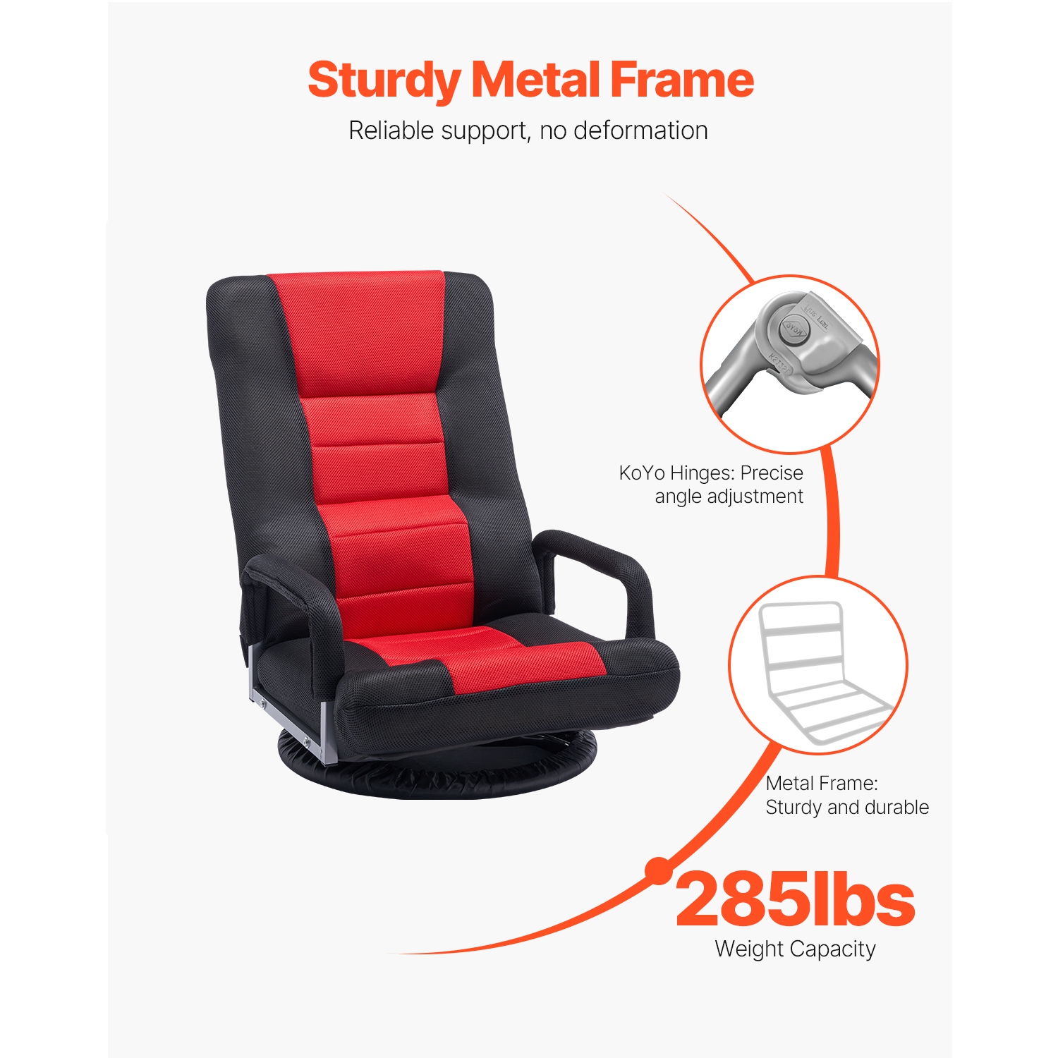 Fauteuil de jeu pivotant à 360 degrés VEVOR avec accoudoirs, fauteuil de plancher pivotant avec dossier pliable à 6 positions et soutien lombaire