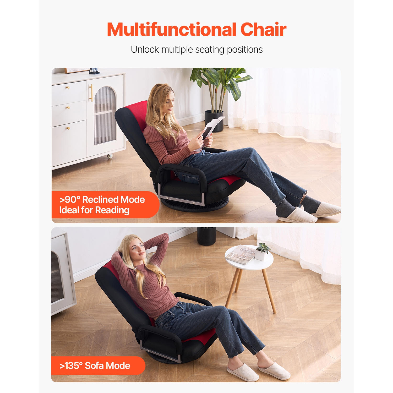 Fauteuil de jeu pivotant à 360 degrés VEVOR avec accoudoirs, fauteuil de plancher pivotant avec dossier pliable à 6 positions et soutien lombaire