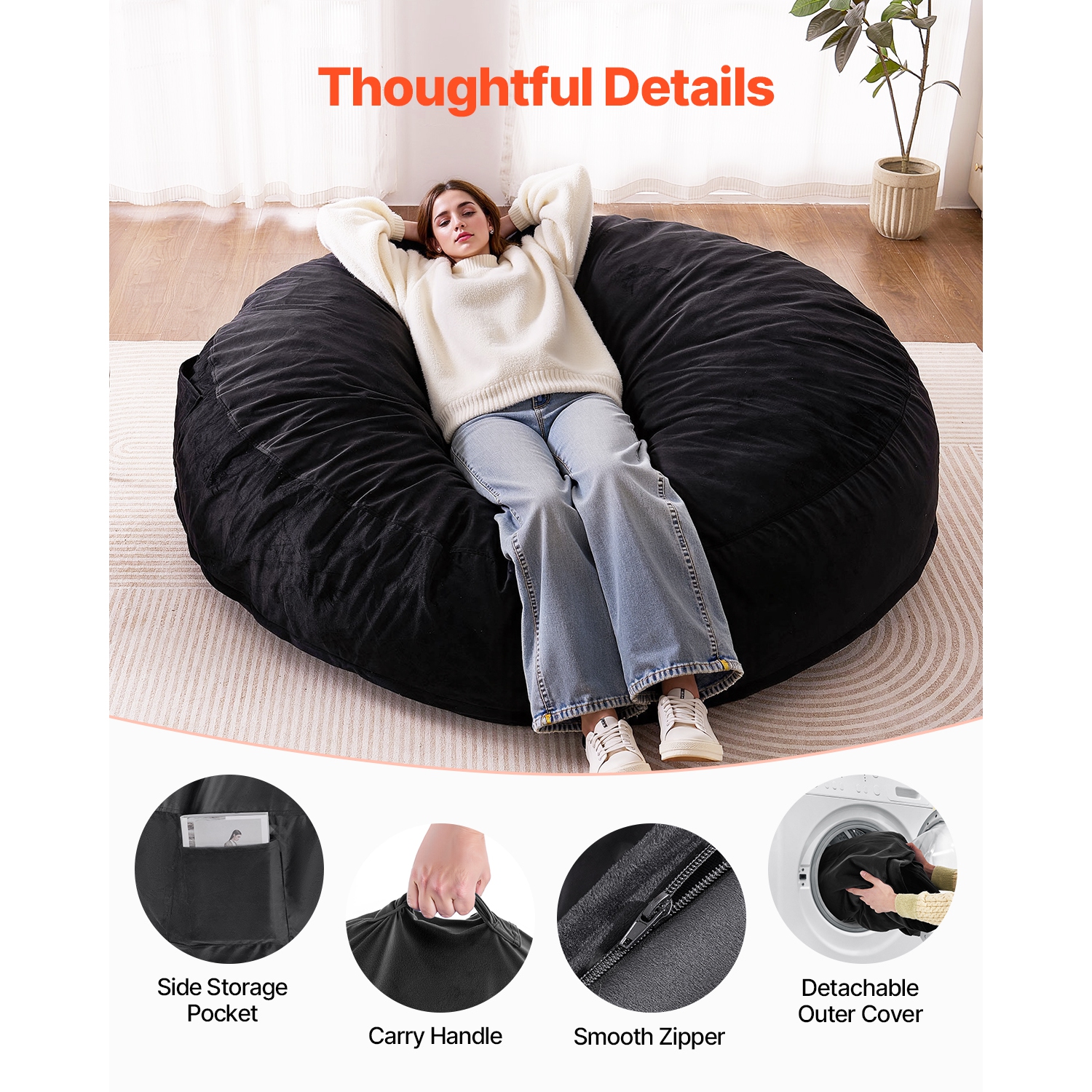 VEVOR Bean Bag Chair, Giant BeanBag Chair with Removable & Washable Cover for Adult, Dutch Velvet & High-Density Foam Filling Round Bean Bag with