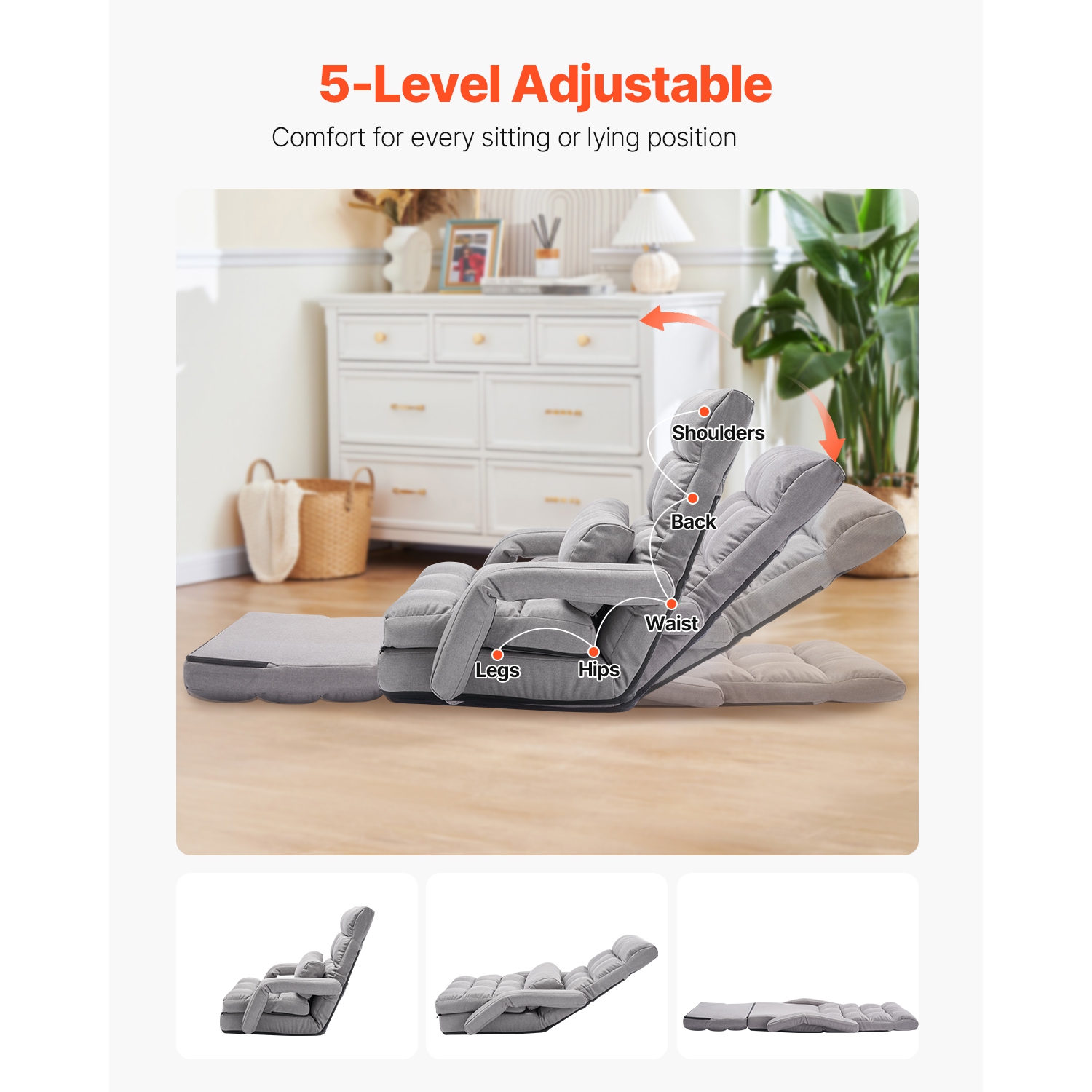 VEVOR 5 Adjustable Position Floor Chair, Floor Gaming Chair with Back Support, Folding Sofa Chair with Armrest for Adults, Sofa Lounger Bed with Back