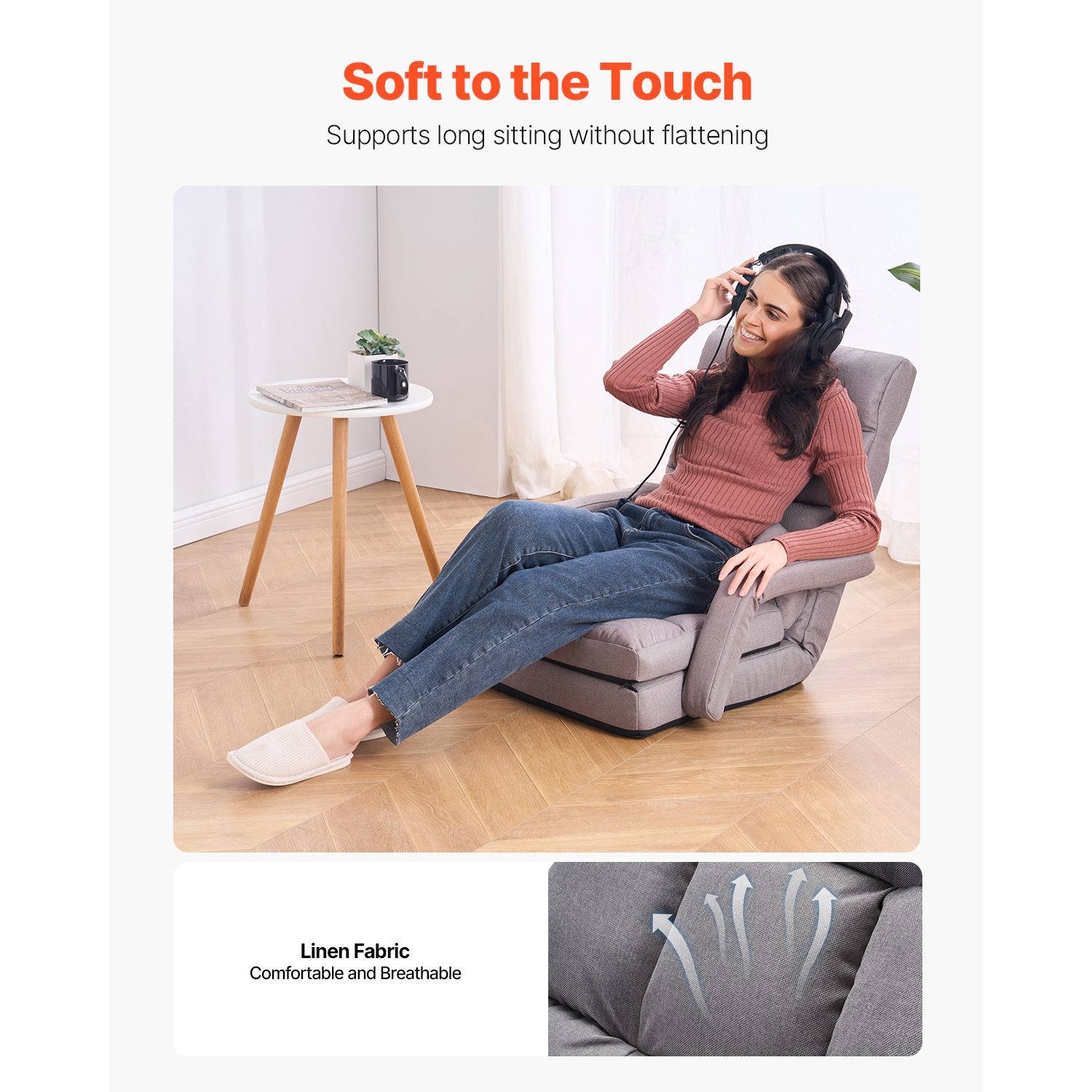 VEVOR 5 Adjustable Position Floor Chair, Floor Gaming Chair with Back Support, Folding Sofa Chair with Armrest for Adults, Sofa Lounger Bed with Back