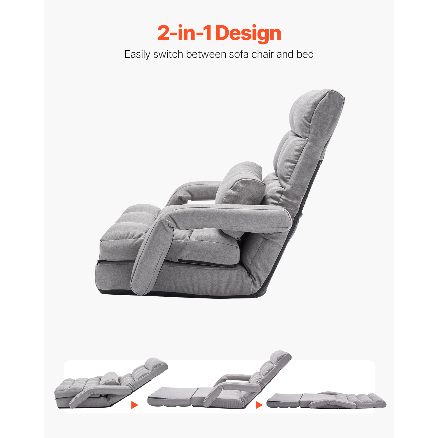 VEVOR 5 Adjustable Position Floor Chair, Floor Gaming Chair with Back Support, Folding Sofa Chair with Armrest for Adults, Sofa Lounger Bed with Back