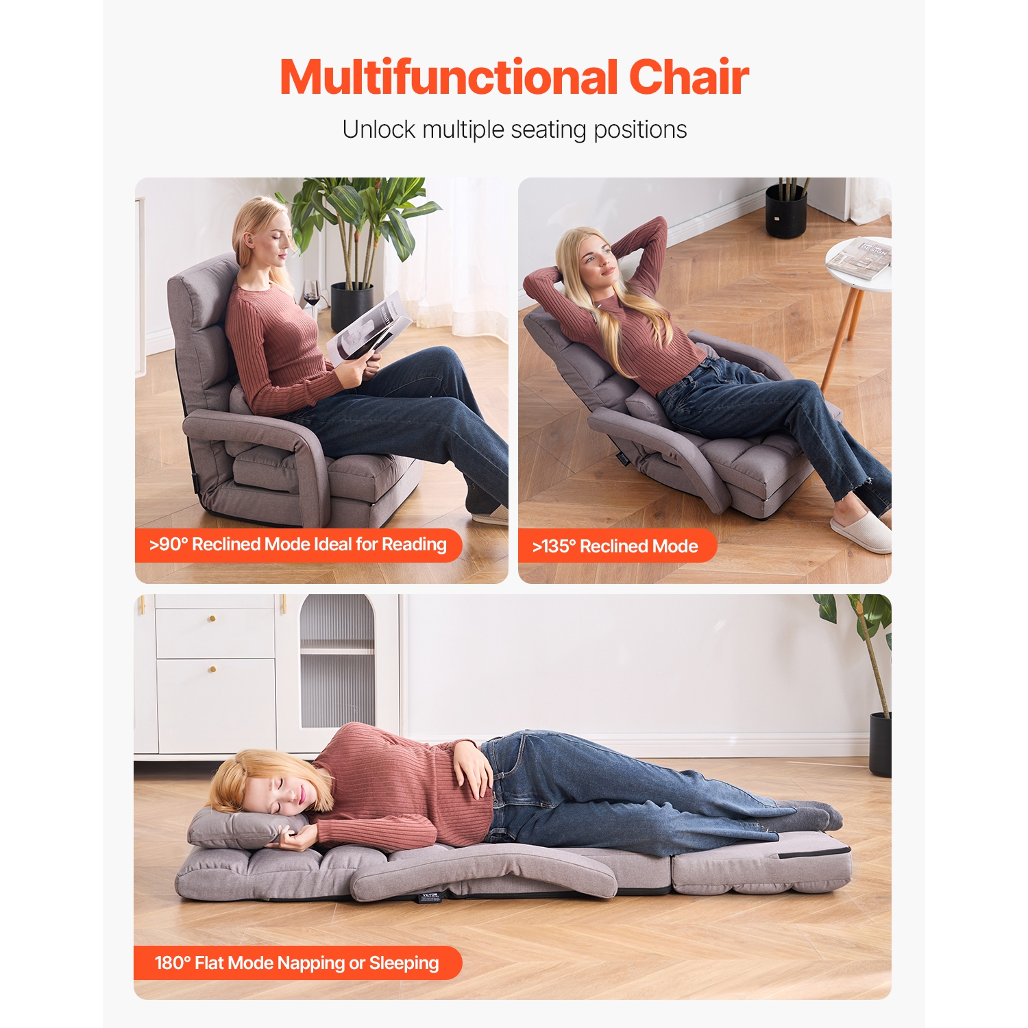 VEVOR 5 Adjustable Position Floor Chair, Floor Gaming Chair with Back Support, Folding Sofa Chair with Armrest for Adults, Sofa Lounger Bed with Back