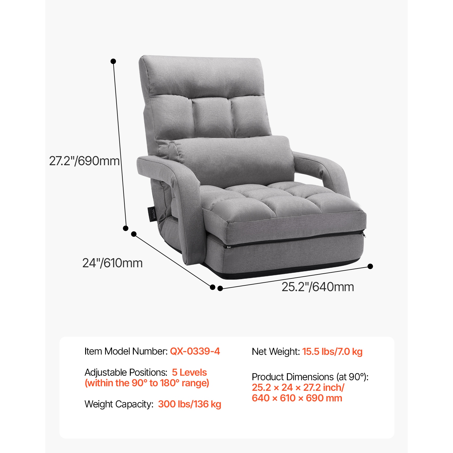 VEVOR 5 Adjustable Position Floor Chair, Floor Gaming Chair with Back Support, Folding Sofa Chair with Armrest for Adults, Sofa Lounger Bed with Back