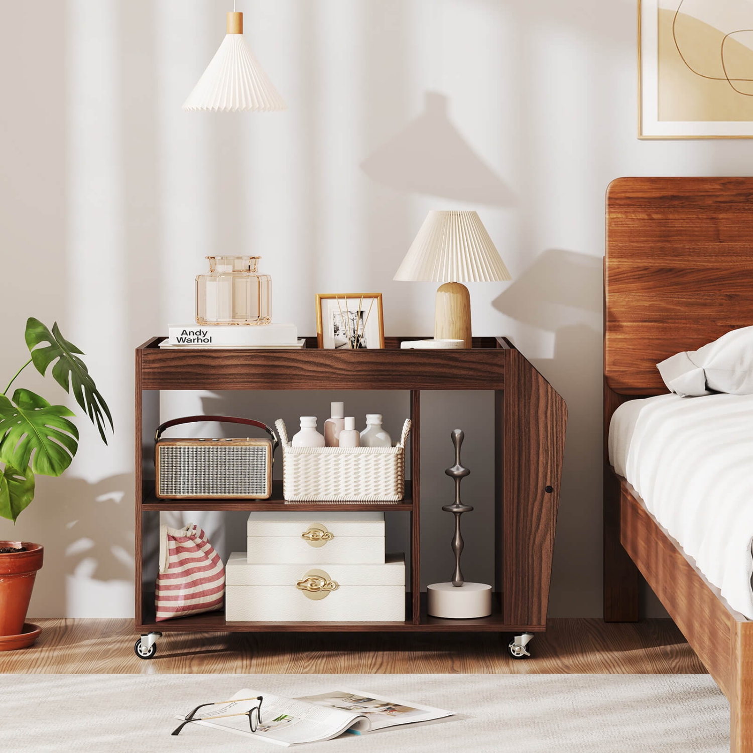 Table de bout à 3 niveaux de Costway avec table de chevet à roulettes universelles Brun noyer/Blanc