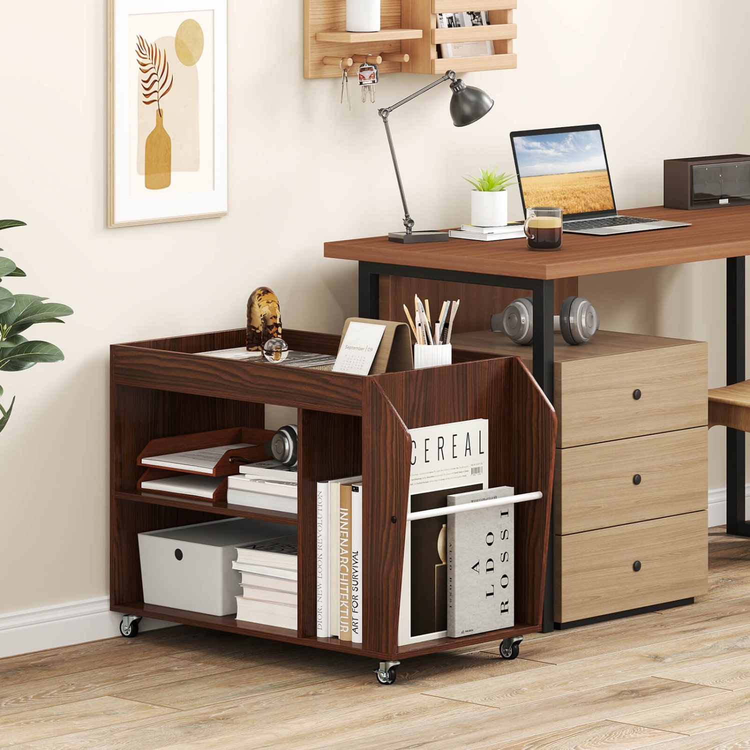 Table de bout à 3 niveaux de Costway avec table de chevet à roulettes universelles Brun noyer/Blanc