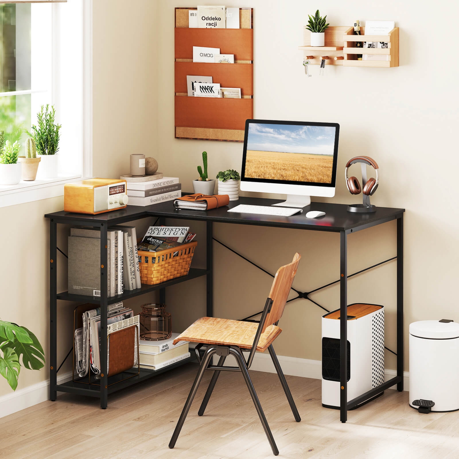 Costway L-Shaped Computer Desk with Power Outlets Adjustable shelf Heavy-Duty Metal Frame Brown/White/Black