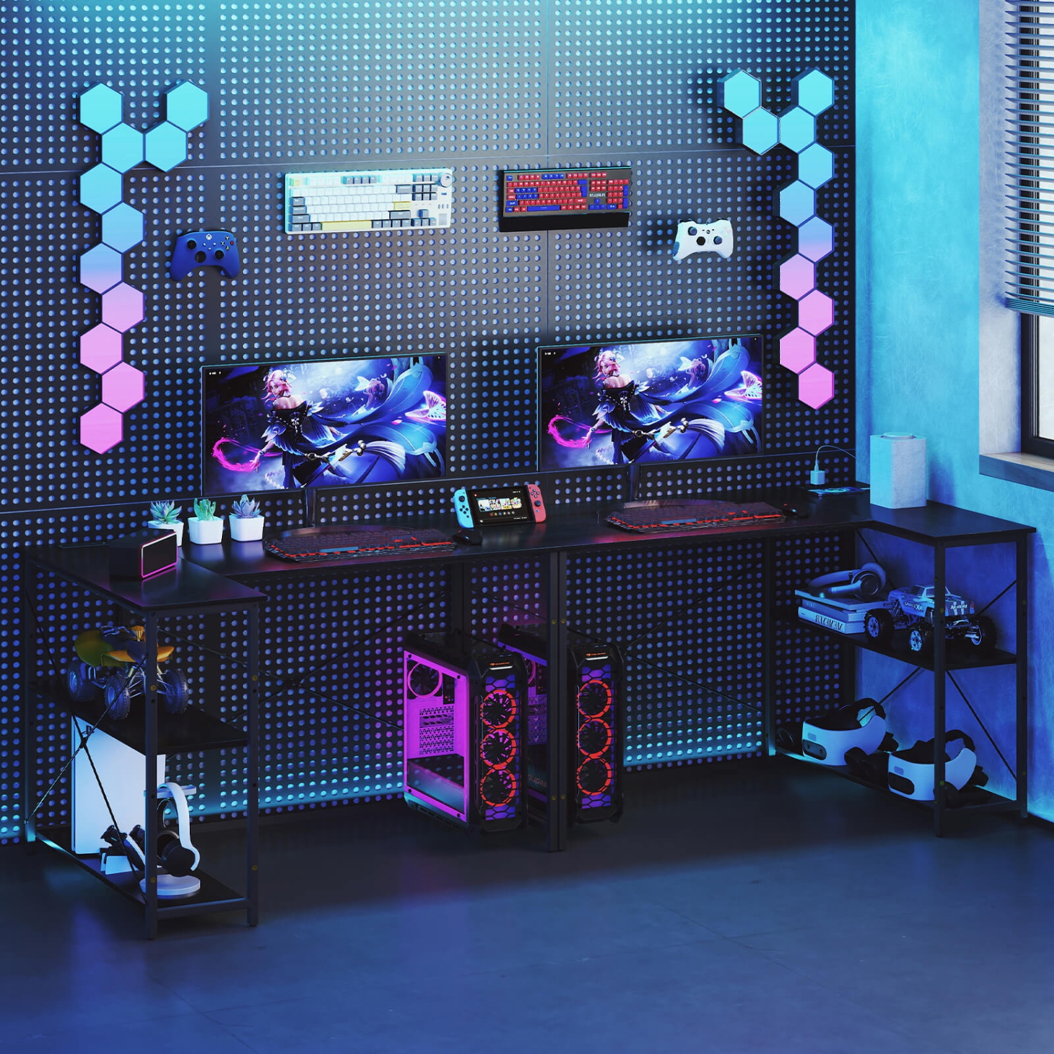 Costway L-Shaped Computer Desk with Power Outlets Adjustable shelf Heavy-Duty Metal Frame Brown/White/Black