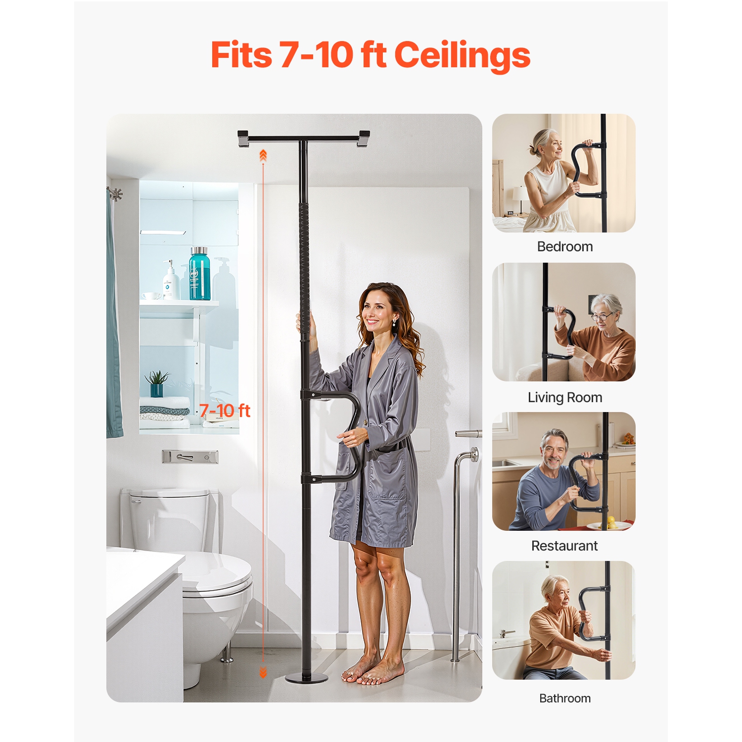 VEVOR Floor-to-Ceiling Transfer Pole, Tension Mounted Bathroom Grab Bar with Anti-Slip Curve Handle, 300 Lbs Capacity Security Pole, Senior Safety
