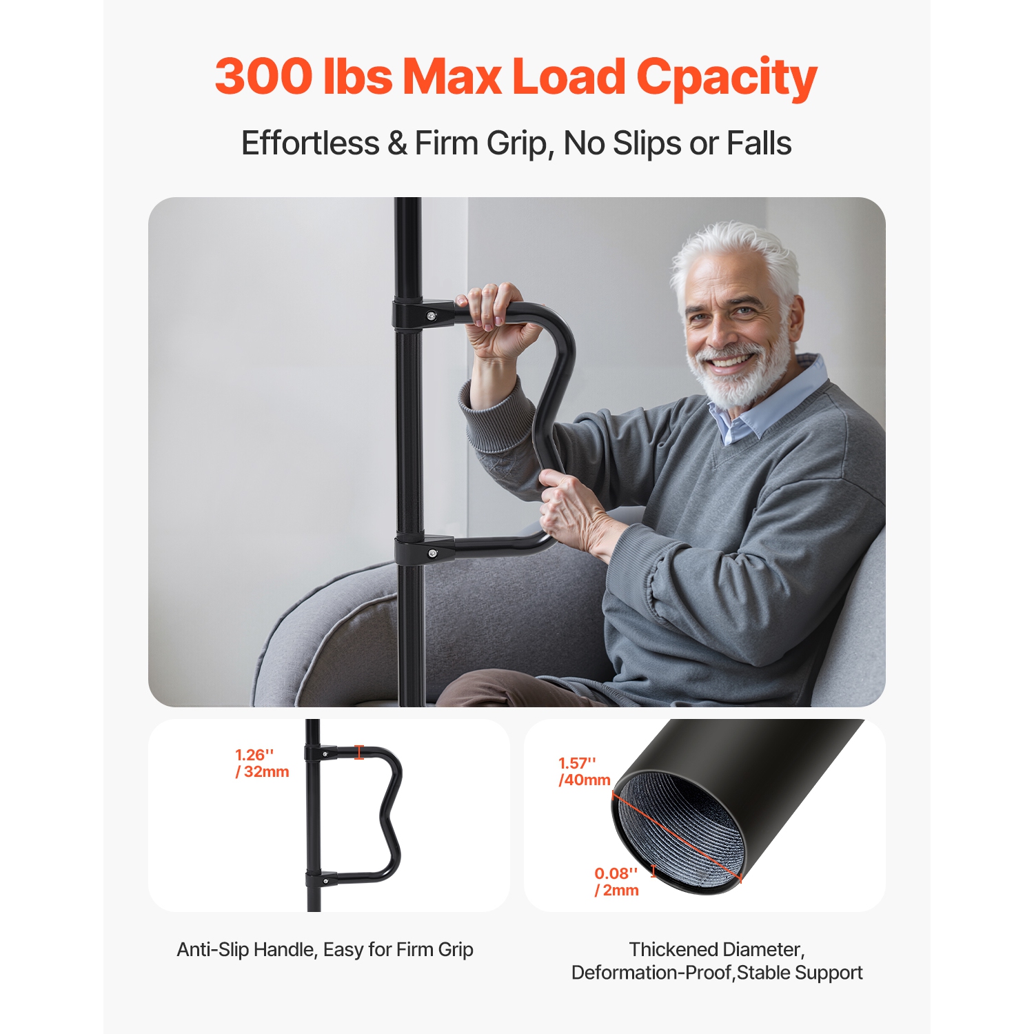 VEVOR Floor-to-Ceiling Transfer Pole, Tension Mounted Bathroom Grab Bar with Anti-Slip Curve Handle, 300 Lbs Capacity Security Pole, Senior Safety