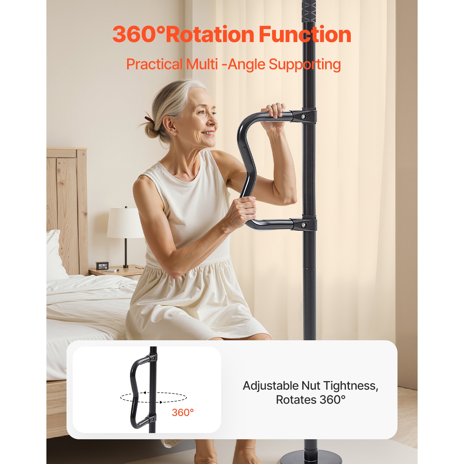 VEVOR Floor-to-Ceiling Transfer Pole, Tension Mounted Bathroom Grab Bar with Anti-Slip Curve Handle, 300 Lbs Capacity Security Pole, Senior Safety