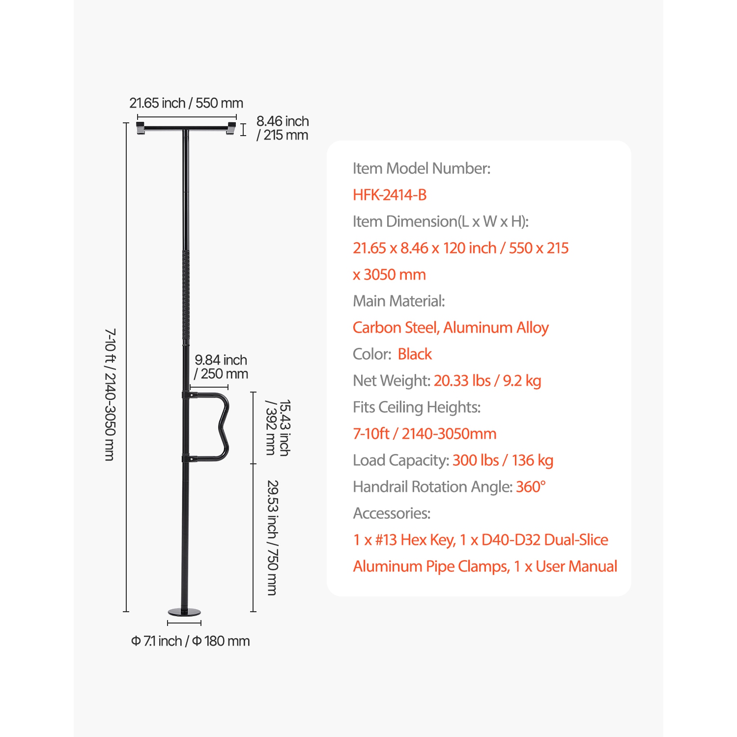 VEVOR Floor-to-Ceiling Transfer Pole, Tension Mounted Bathroom Grab Bar with Anti-Slip Curve Handle, 300 Lbs Capacity Security Pole, Senior Safety