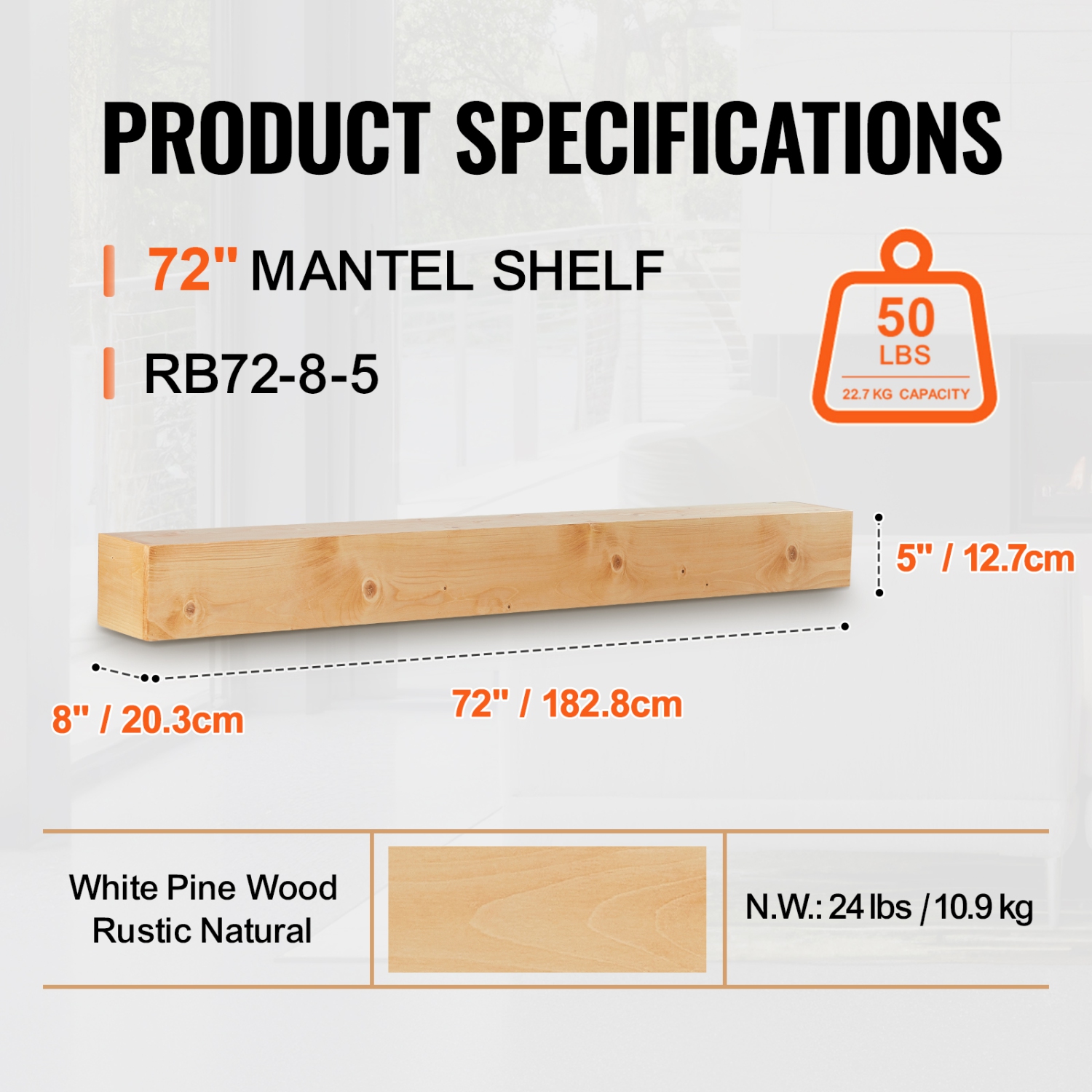 VEVOR 72"x8"x5" Fireplace Mantel, 50 lbs Weight Capacity, Natural Wood Mantel for Over Fireplace, Wall Mounted Floating Farmhouse Shelf, Handcrafted