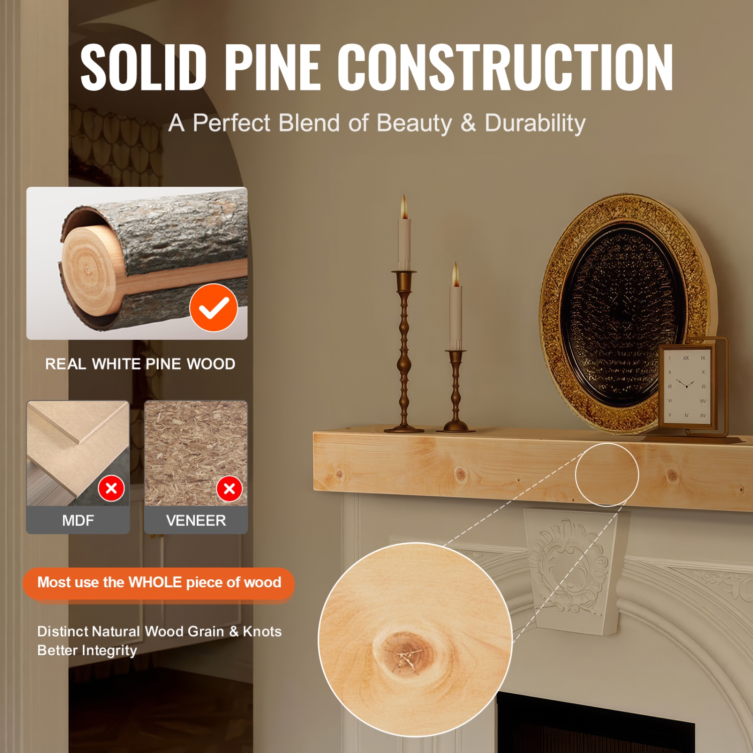 VEVOR 72"x8"x5" Fireplace Mantel, 50 lbs Weight Capacity, Natural Wood Mantel for Over Fireplace, Wall Mounted Floating Farmhouse Shelf, Handcrafted