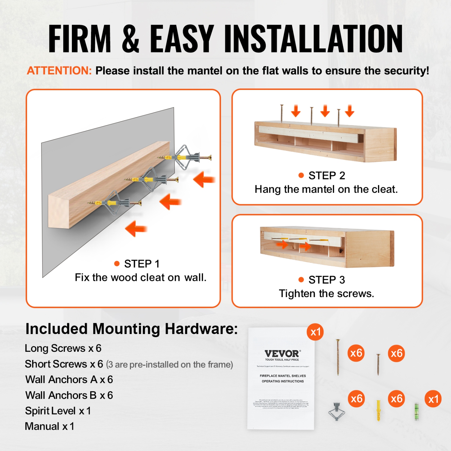 VEVOR 72"x8"x5" Fireplace Mantel, 50 lbs Weight Capacity, Natural Wood Mantel for Over Fireplace, Wall Mounted Floating Farmhouse Shelf, Handcrafted