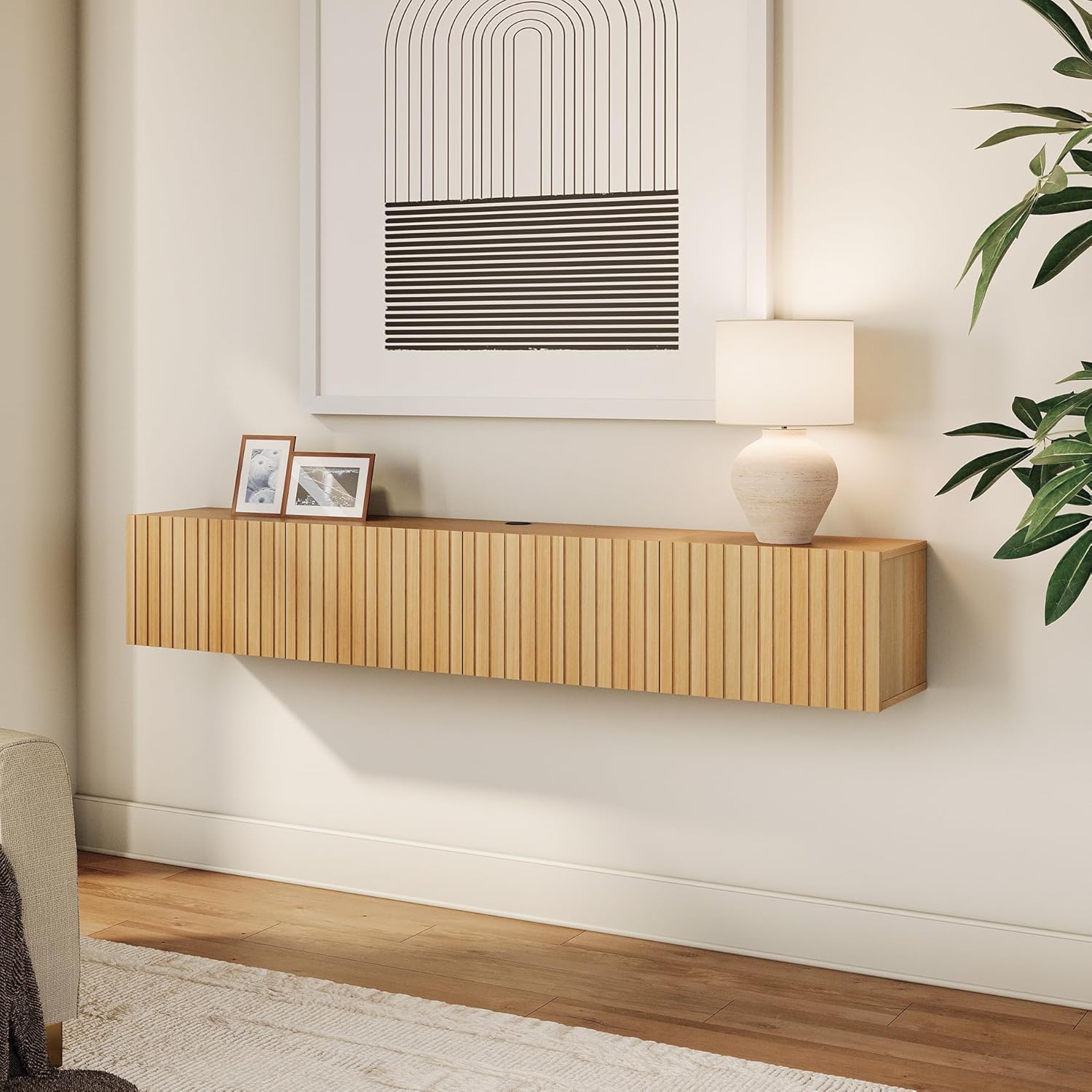 WAMPAT Floating TV Stand, Wall Mounted Shelf, Modern Floating Entertainment Center with 3 Fluted Flip-Down Doors, 70" Large Storage Media Console