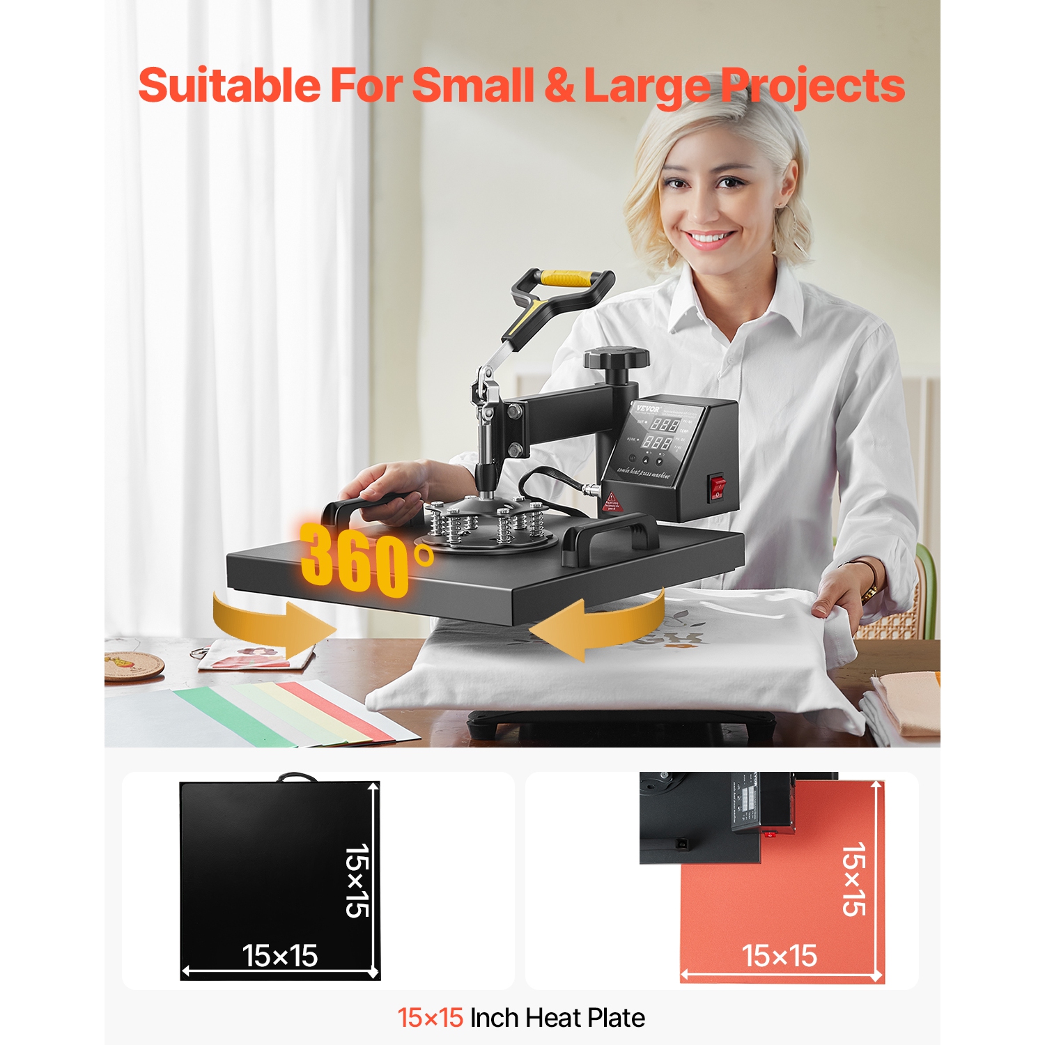 VEVOR 15 x 15 inch Heat Press Machine, 2 in 1 Heat Transfer Machine with Hat Press, 360° Swing Away T-Shirt Pressing, Digital Precise Control, Fast