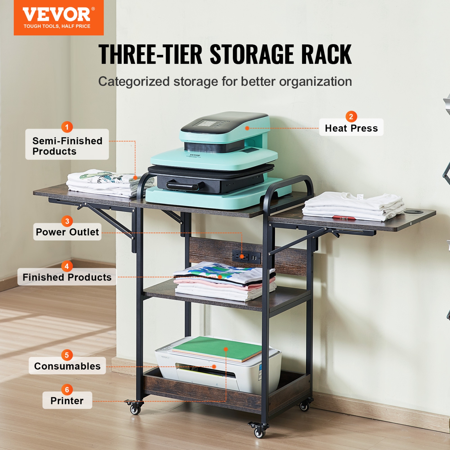 VEVOR 3 Tier Heat Press Table with Charging Station, Movable Heat Press Stand, Foldable Heat Transfer Machine Stand with Wheels, Rolling Metal