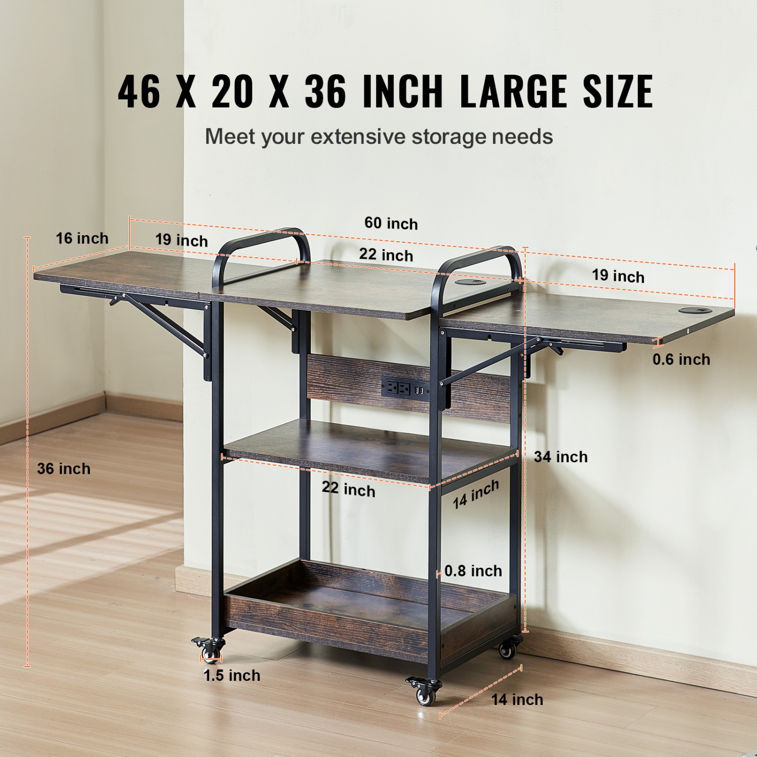 VEVOR 3 Tier Heat Press Table with Charging Station, Movable Heat Press Stand, Foldable Heat Transfer Machine Stand with Wheels, Rolling Metal