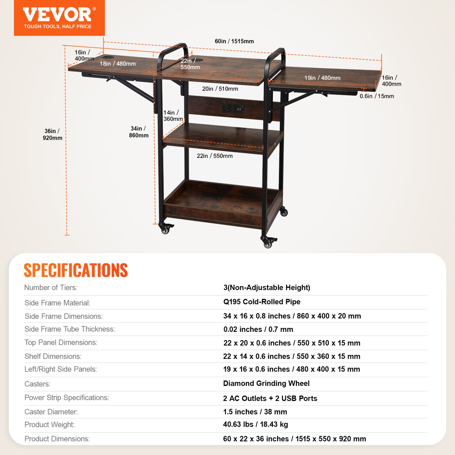 VEVOR 3 Tier Heat Press Table with Charging Station, Movable Heat Press Stand, Foldable Heat Transfer Machine Stand with Wheels, Rolling Metal