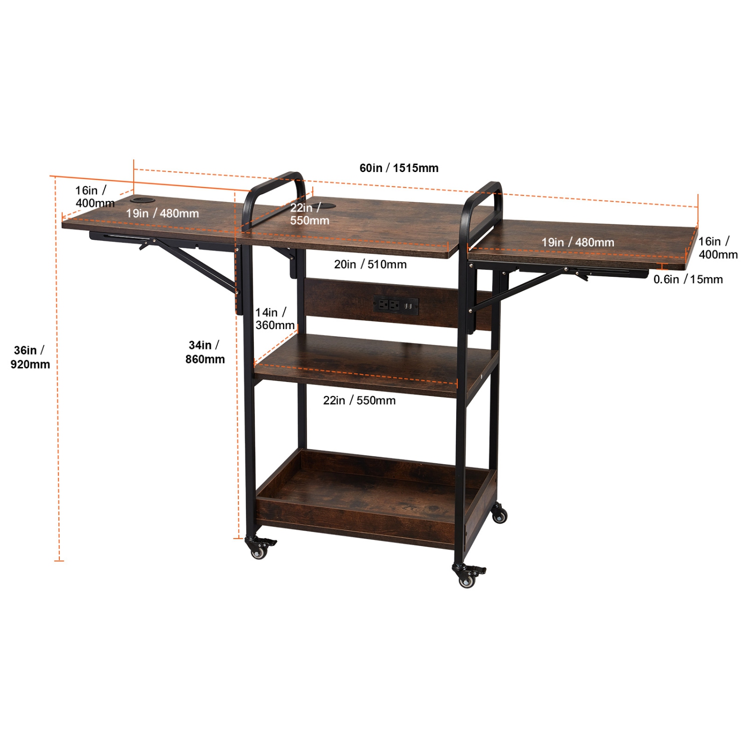 VEVOR 3 Tier Heat Press Table with Charging Station, Movable Heat Press Stand, Foldable Heat Transfer Machine Stand with Wheels, Rolling Metal
