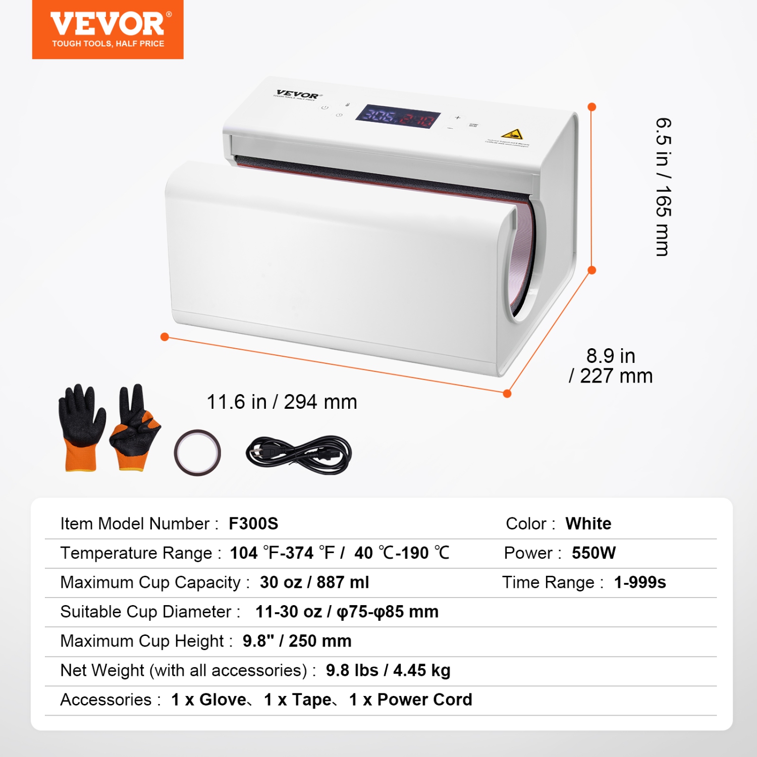 VEVOR 11-30oz Auto Tumbler Heat Press Machine, Mug Heat Press Sublimation Tumblers, Heat Up Fast and Even, Tumbler Press with Tape and Glove, Temp