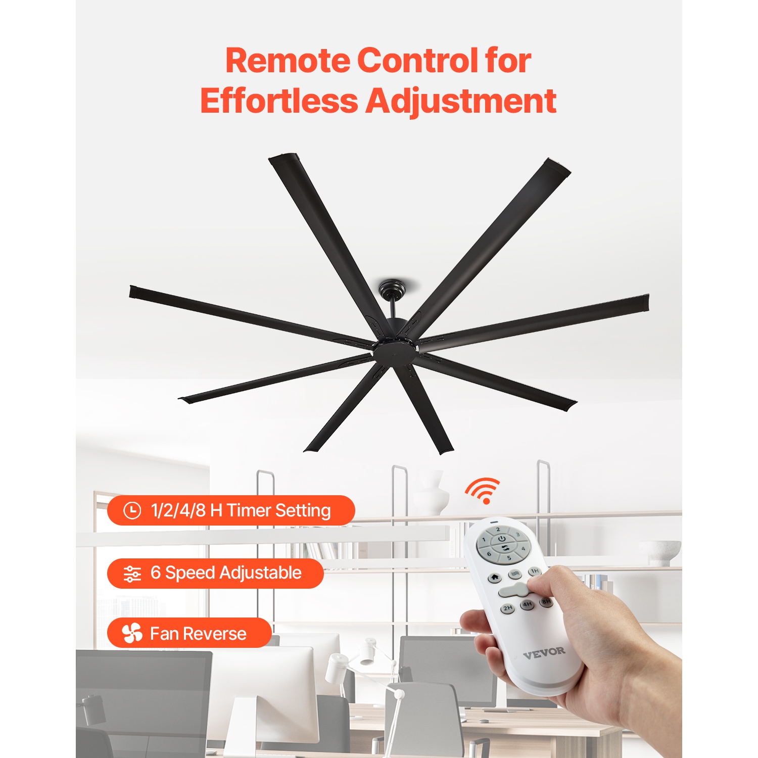 VEVOR 96 In Ceiling Fan without Light, 6-Speed Remote Control, Aluminum 8-Blade, Reversible DC Motor, Modern Low Profile Flush Mount Exterior Fan for