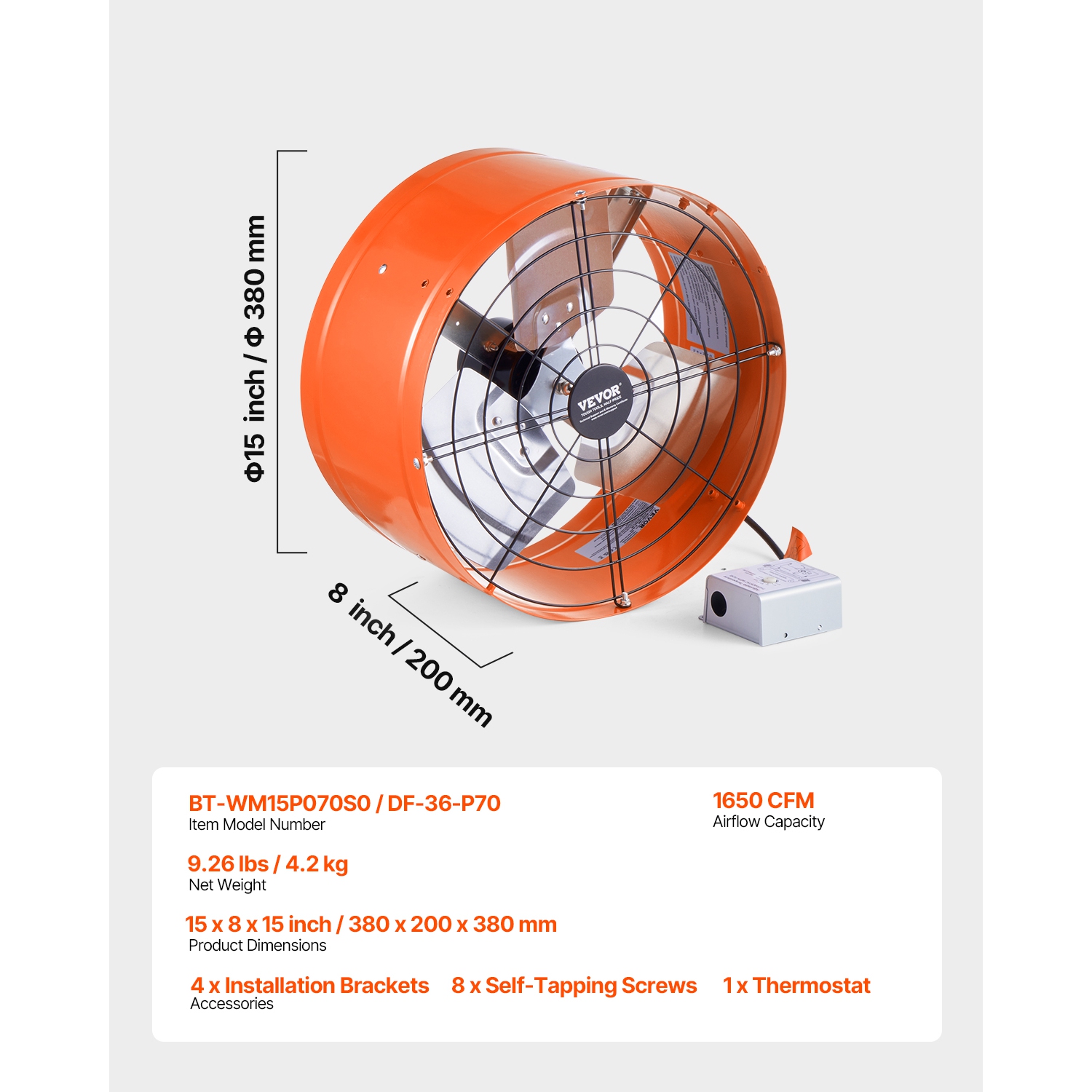VEVOR 15 Inch Gable Mount Fan, Attic Exhaust Fan with Adjustable Thermostat & Outer Mesh, 1650 CFM House Ventilator Cools Up to 2360 Sq.Ft, Quiet