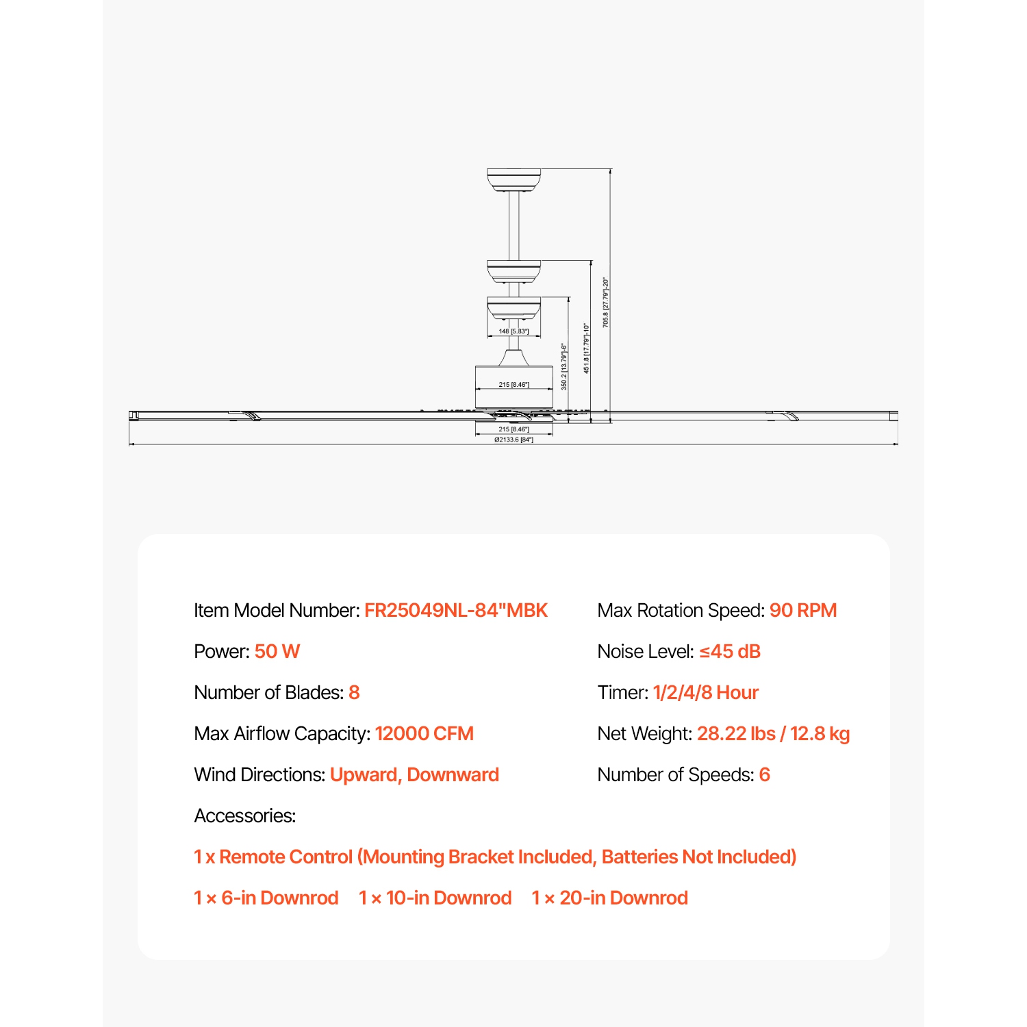 Ventilateur de plafond VEVOR de 84 po sans lumière, télécommande à 6 vitesses, 8 pales en aluminium, moteur c.c. réversible, ventilateur