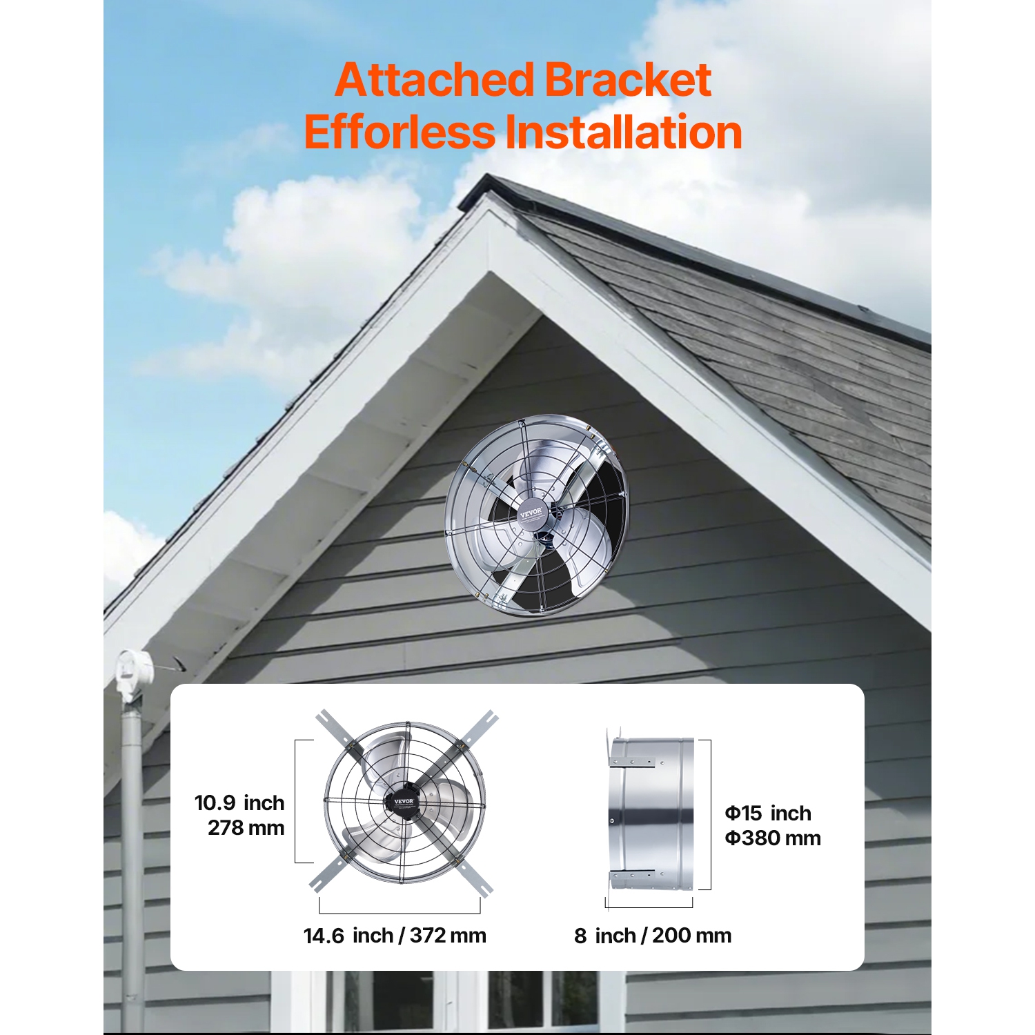 VEVOR 15 Inch Gable Mount Fan, Attic Exhaust Fan with Adjustable Thermostat & Outer Mesh, 1300 CFM House Ventilator Cools Up to 1850 Sq.Ft, Quiet