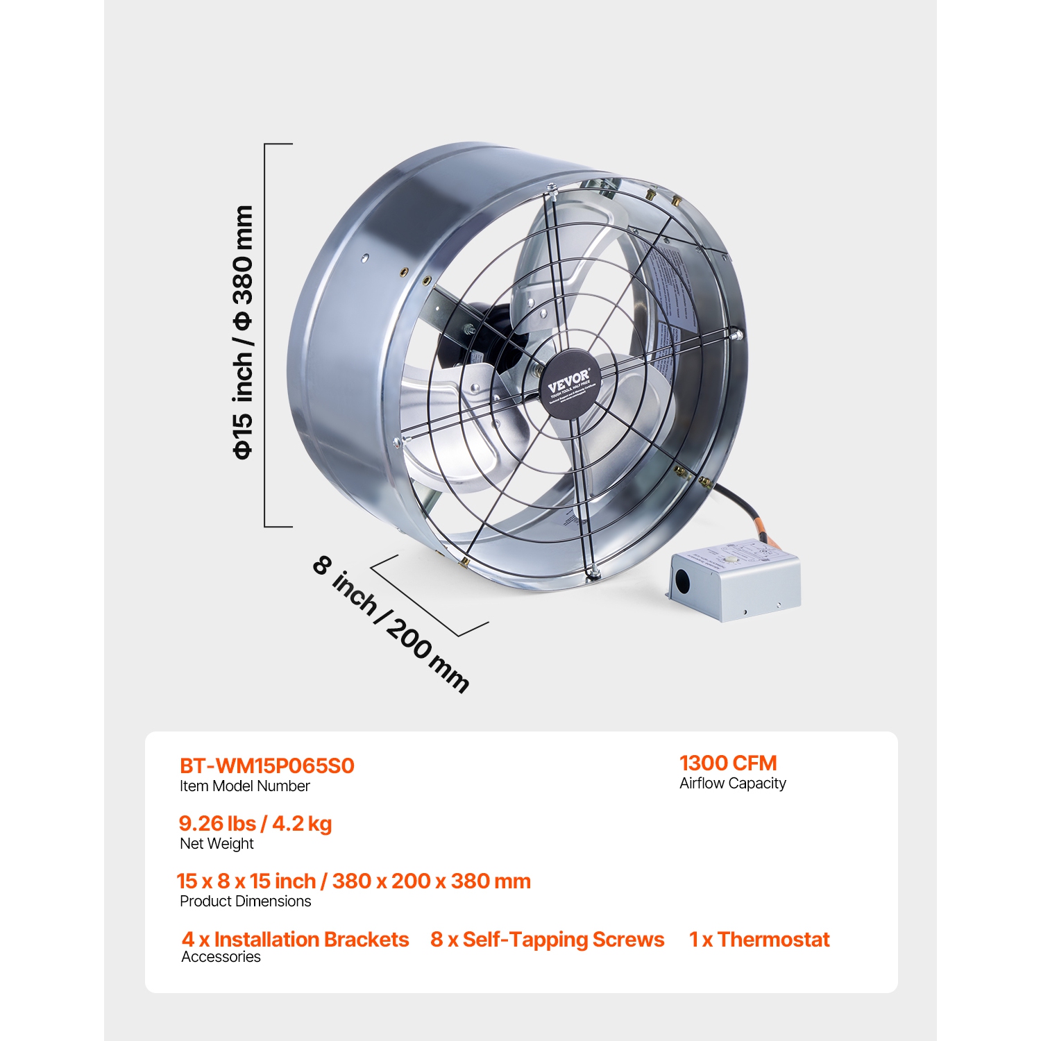 VEVOR 15 Inch Gable Mount Fan, Attic Exhaust Fan with Adjustable Thermostat & Outer Mesh, 1300 CFM House Ventilator Cools Up to 1850 Sq.Ft, Quiet