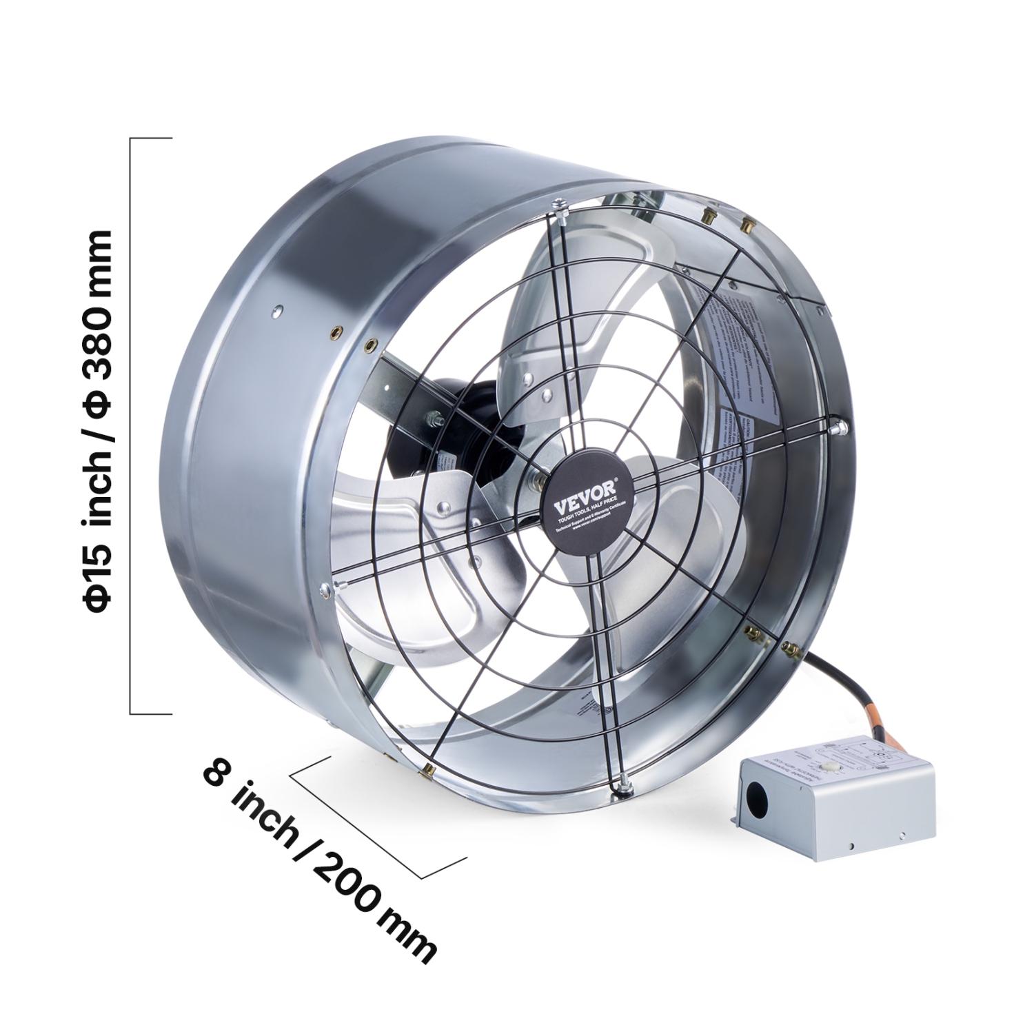 VEVOR 15 Inch Gable Mount Fan, Attic Exhaust Fan with Adjustable Thermostat & Outer Mesh, 1300 CFM House Ventilator Cools Up to 1850 Sq.Ft, Quiet