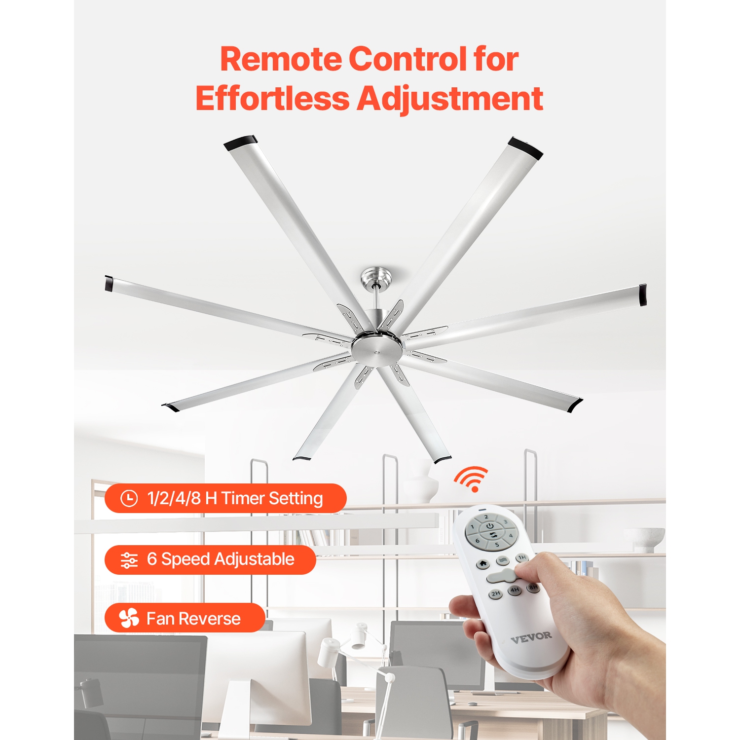 VEVOR 84 In Ceiling Fan without Light, 6-Speed Remote Control, Aluminum 8-Blade, Reversible DC Motor, Modern Low Profile Flush Mount Fan for Bedroom,