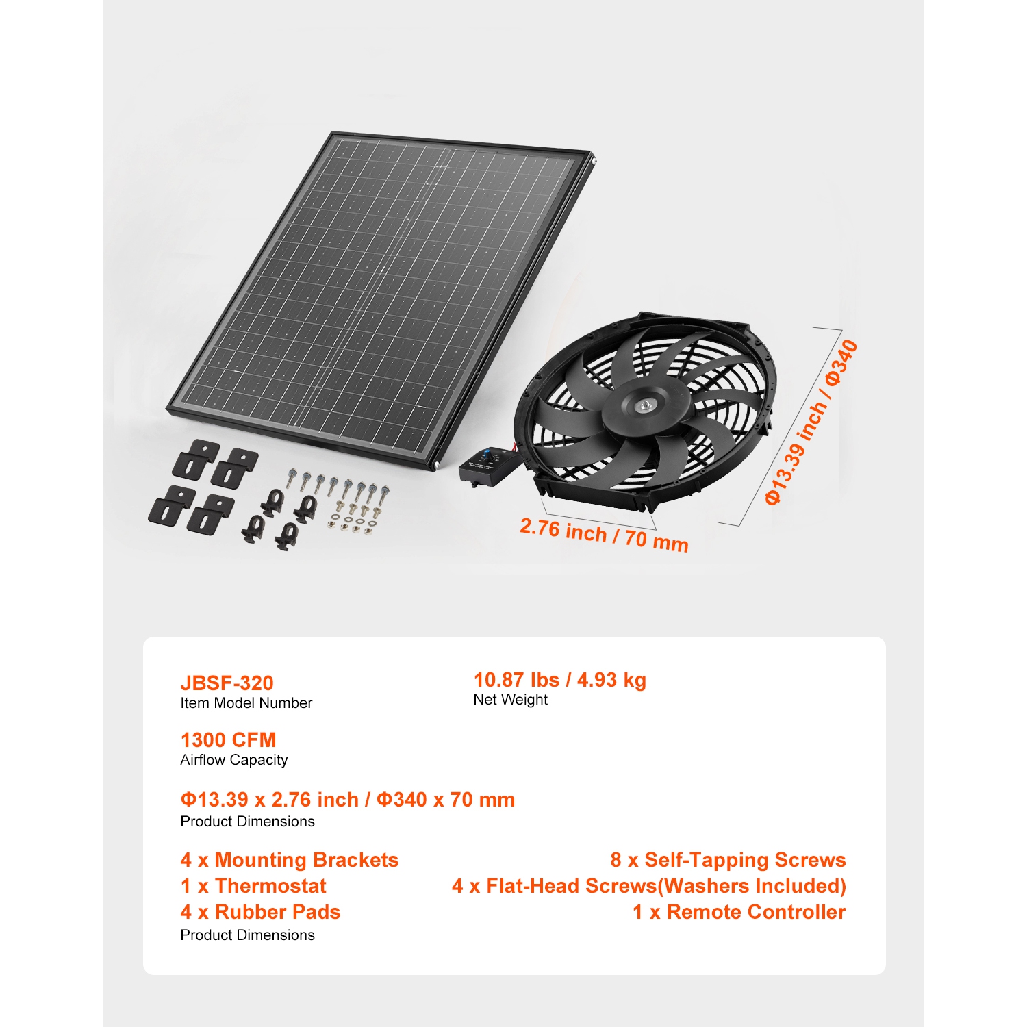 VEVOR 12 Inch Gable Mount Fan, Solar Power Attic Exhaust Fan with Adjustable Thermostat & Outer Mesh, 1300 CFM House Ventilator Cools Up to 1850