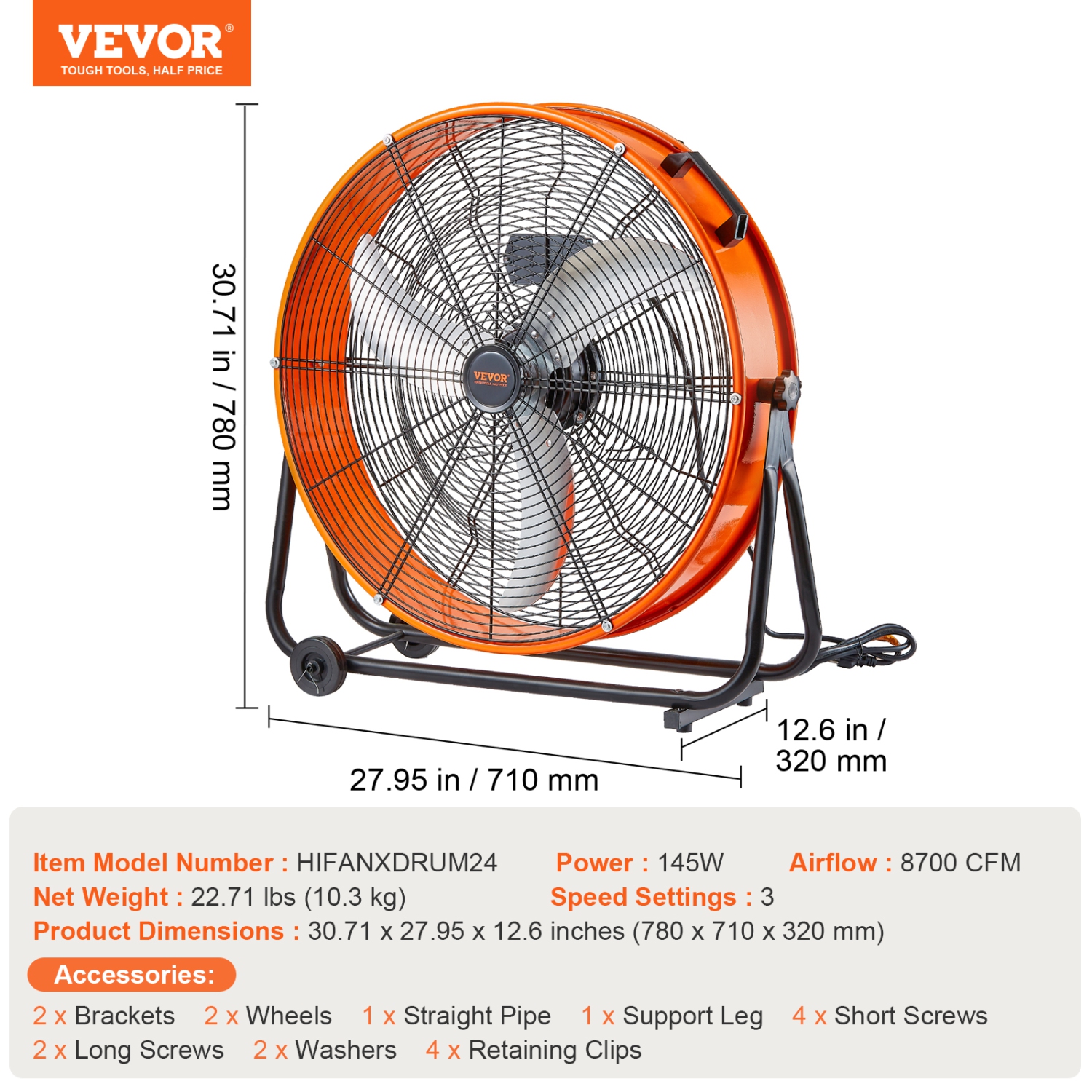 VEVOR 24 Inch Drum Fan, High Velocity Industrial Shop Fan, Heavy Duty Commercial Use 3-Speed 8600CFM, 360°Adjustable Tilting Industrial Floor Fan for