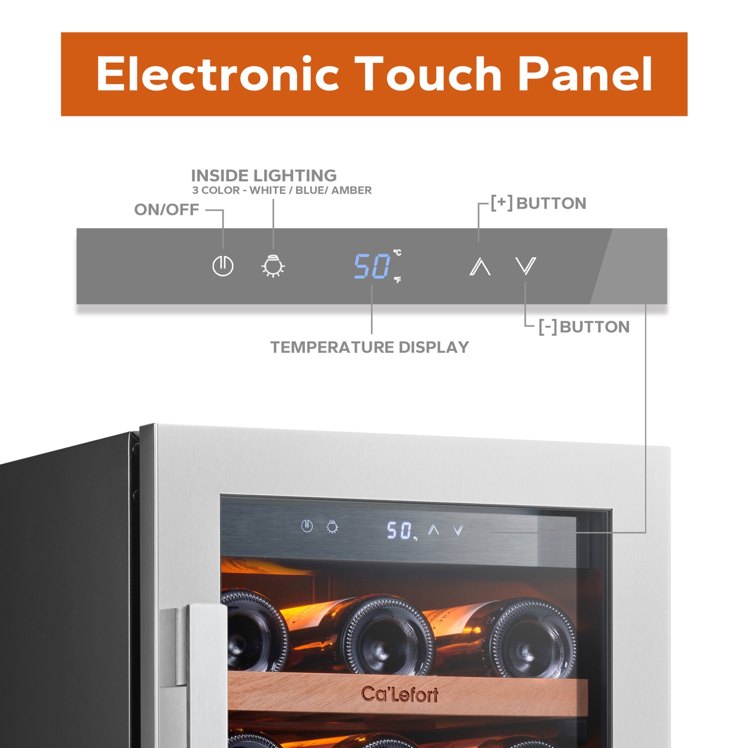 15&nbsp;po – Réfrigérateur à vin, 33 bouteilles, 40 à 65&nbsp;°F, porte en verre, 3 DEL Encastrable/autonome, 3,0 pi³ avec