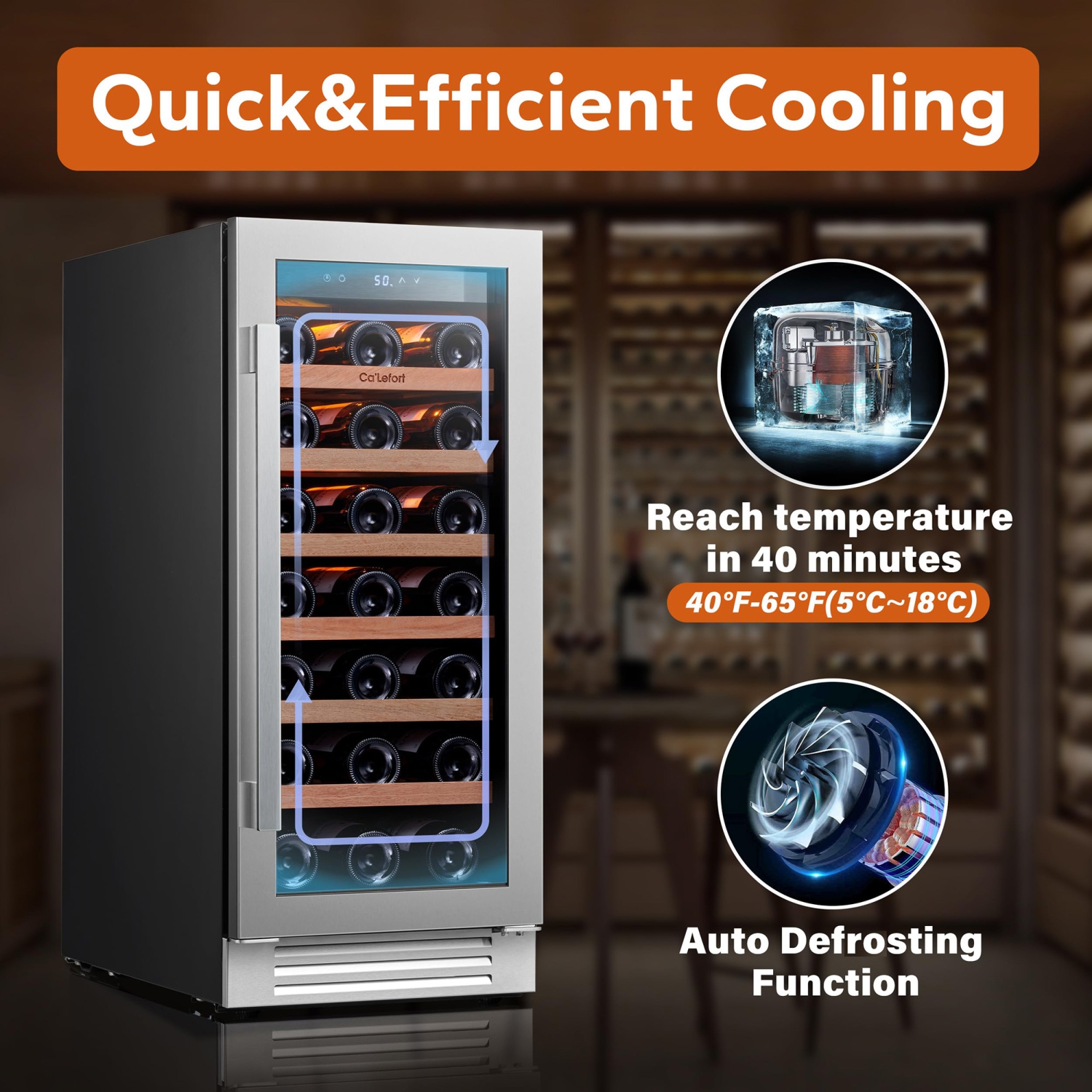 15&nbsp;po – Réfrigérateur à vin, 33 bouteilles, 40 à 65&nbsp;°F, porte en verre, 3 DEL Encastrable/autonome, 3,0 pi³ avec