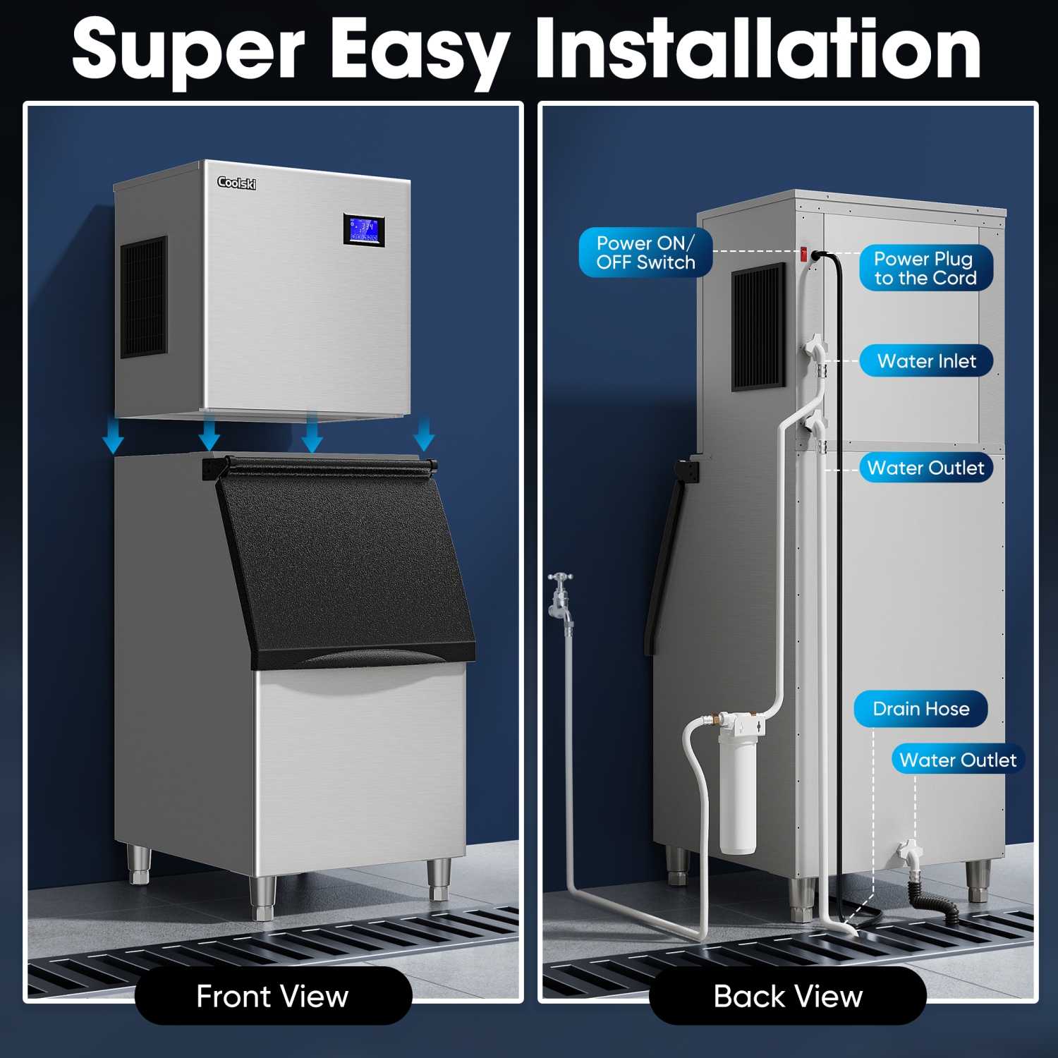 Coolski Commercial Ice Maker Machine 450LBS/Day, 22 Inch Wide Industrial Ice Machine with Large Storage Bin, Ice Ready in 5-15 min, Ice Maker for