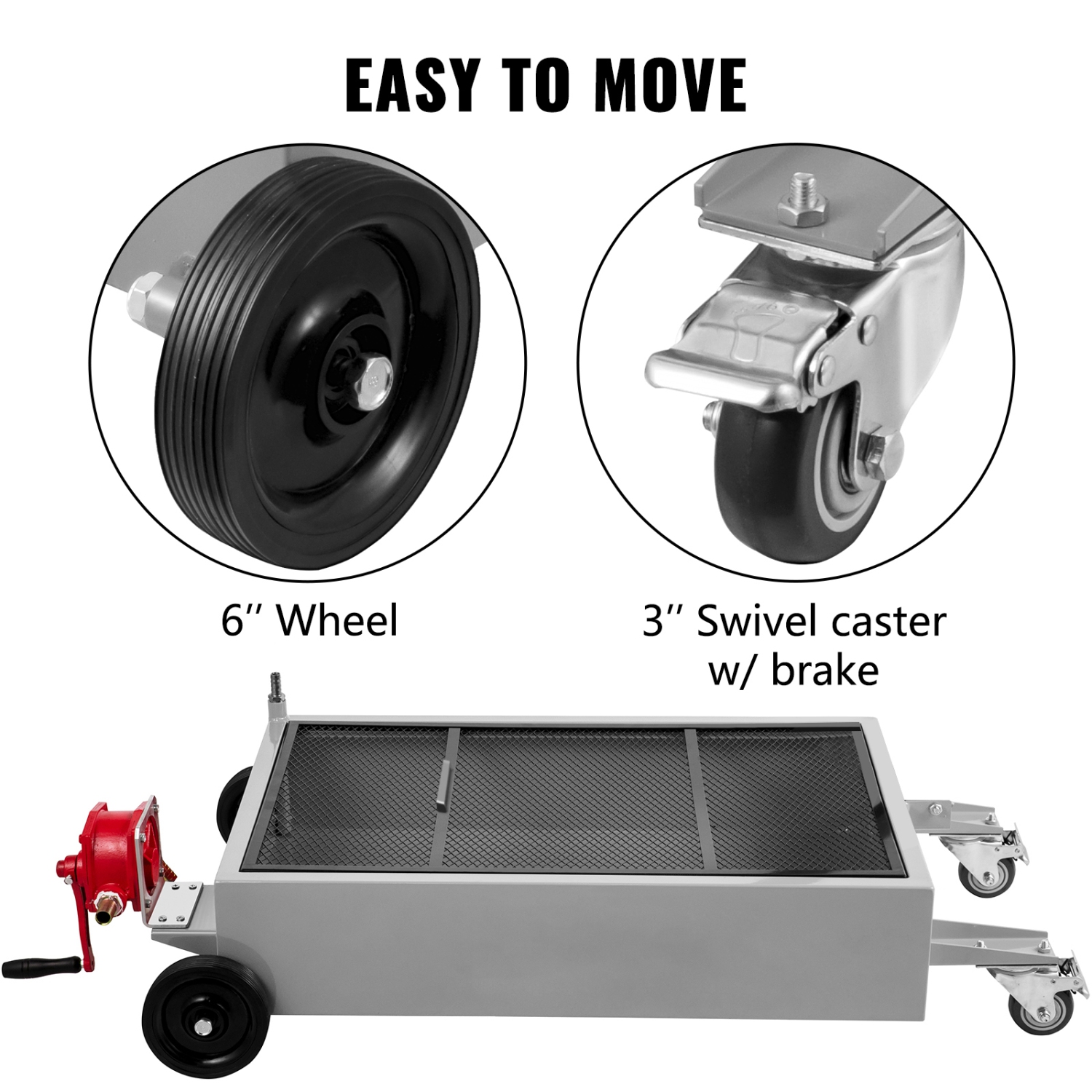 VEVOR 15 Gallon Oil Drain Pan, 57L Low Profile Oil Drain Pan, Large Capacity Oil Change Pan, Foldable Hand, with Pump, Hose, Swivel Casters Wheels
