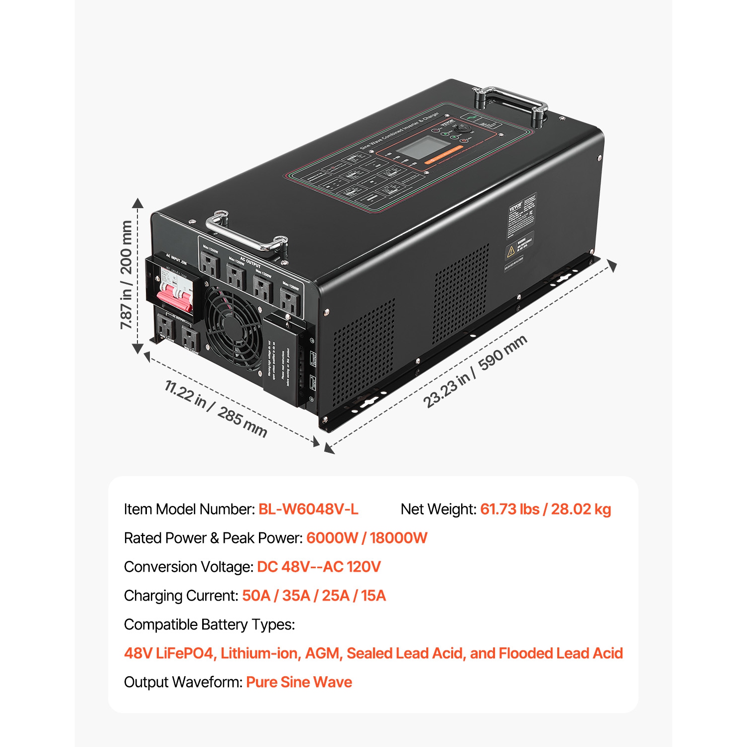 VEVOR 6000 Watt Pure Sine Wave Inverter Charger, DC 48V to AC 120V Power Inverter with LCD Display, Remote Control, for Off-Grid Solar RV, Compatible