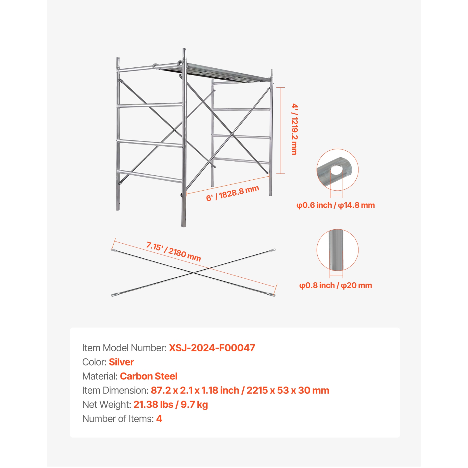 Croisillon d'échafaudage VEVOR 6&nbsp;pi x 4&nbsp;pi, 4 supports solides en acier au carbone, accessoires de sécurité en forme de X pour échafaudage