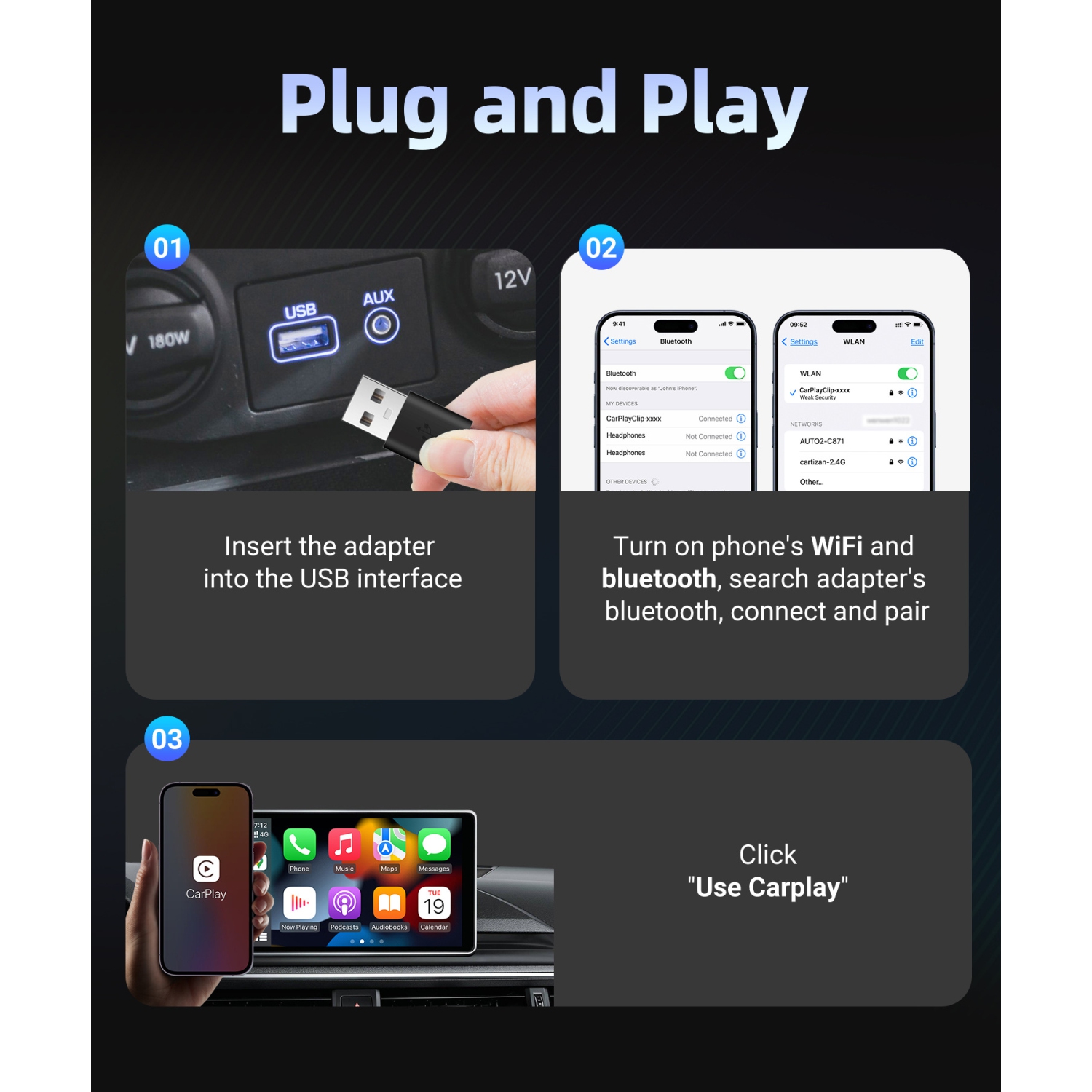 New CarPlay adapter with display fragrance wireless car charger car air outlet clip with screen fragrance wireless carplay portable adapter